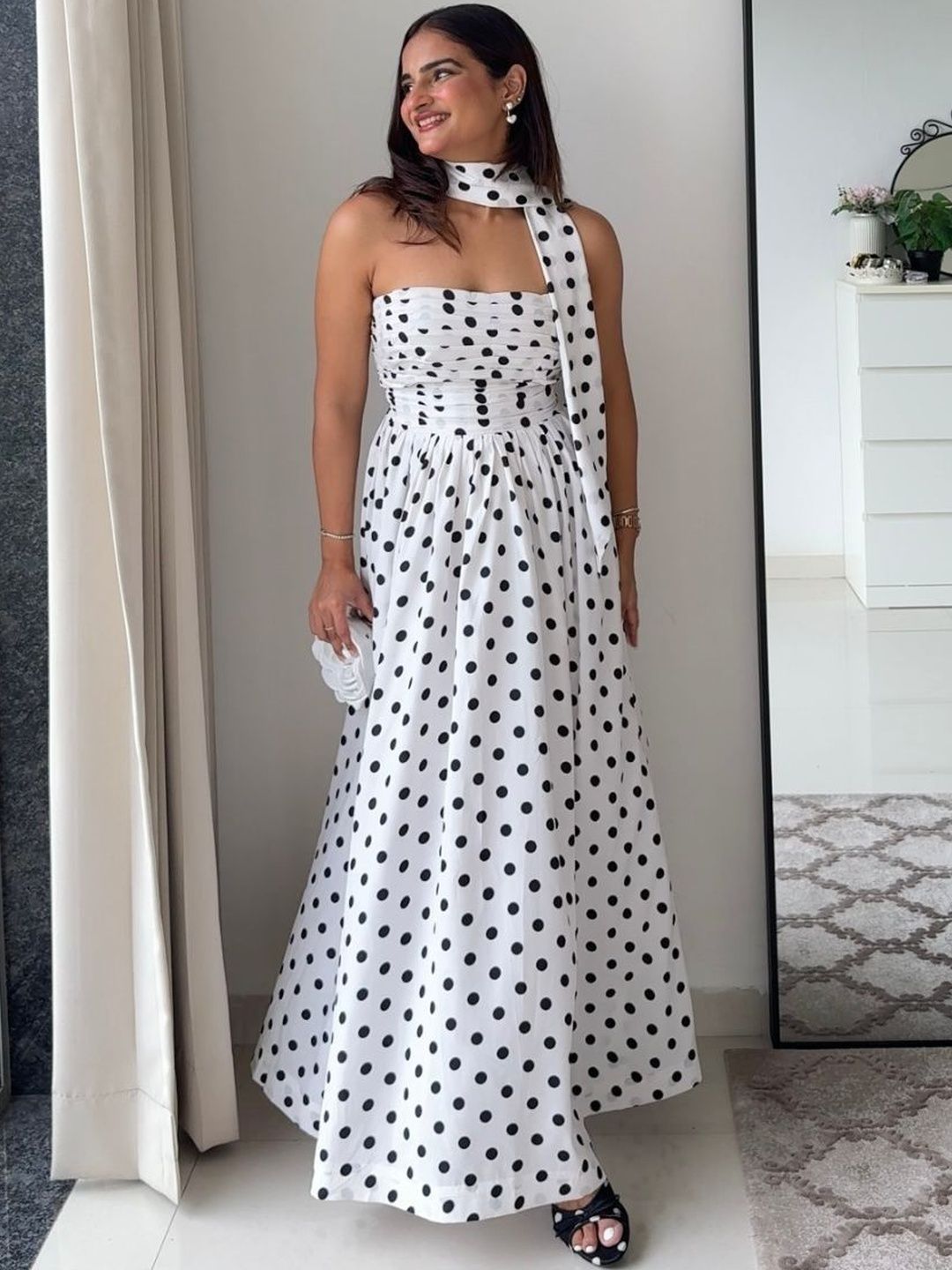SCOOPSTYLE Women Polka Dots With Scarf Detail Dress