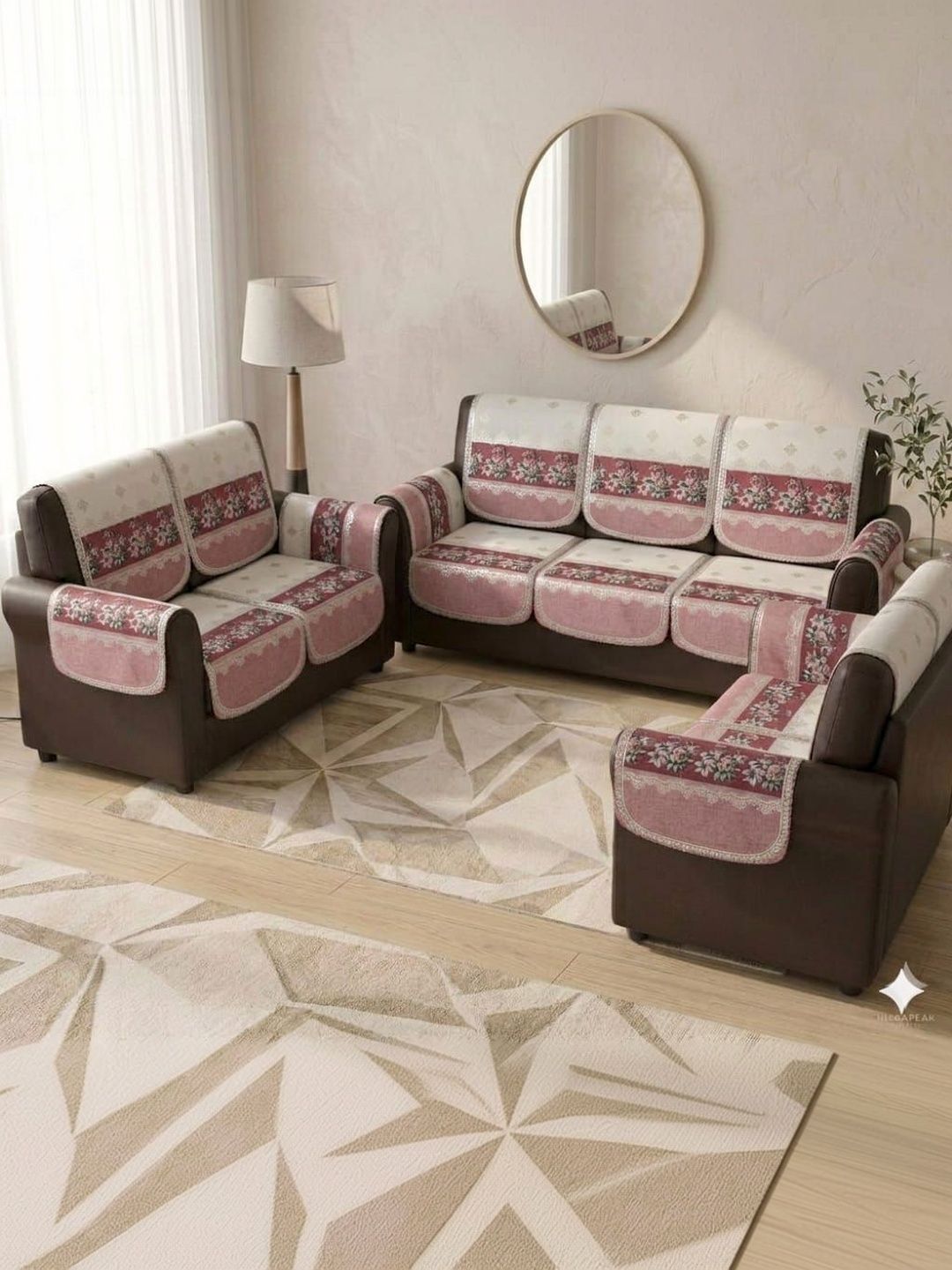 RAINBOW FURNISHINGS Pink & Green Printed Viscose Rayon Blend Sofa Cover With Arms-image-35