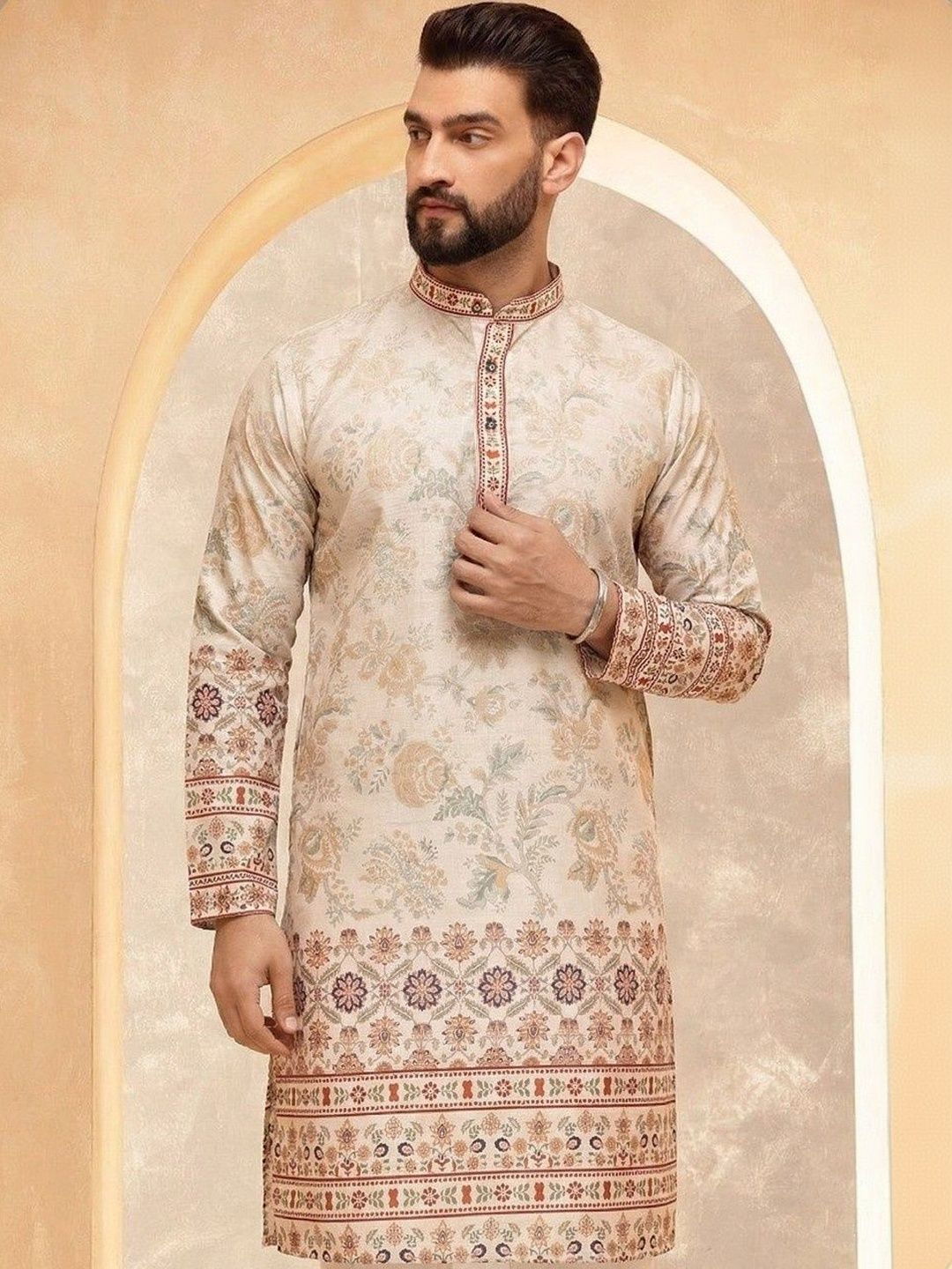 VELKYNOX Men Floral Printed Sequinned Floral Kurta-image-15
