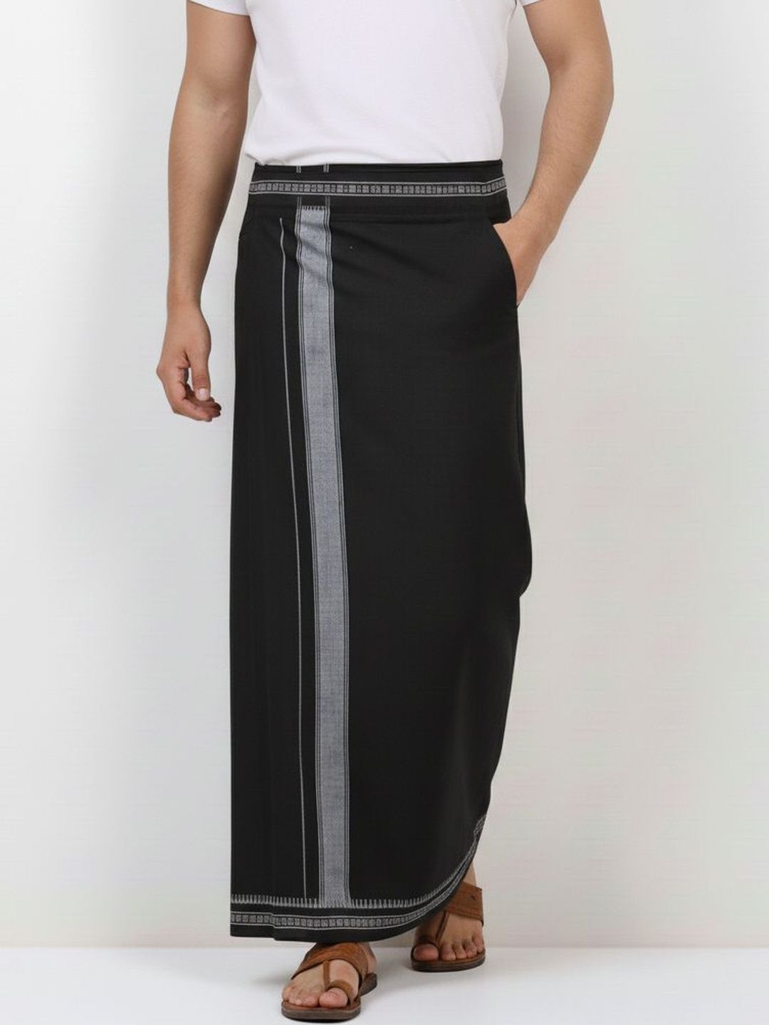 TUNI MANI Men Solid Rudratcha Border Adjustable Welcro Pocket Cotton Dhoti-picture-45