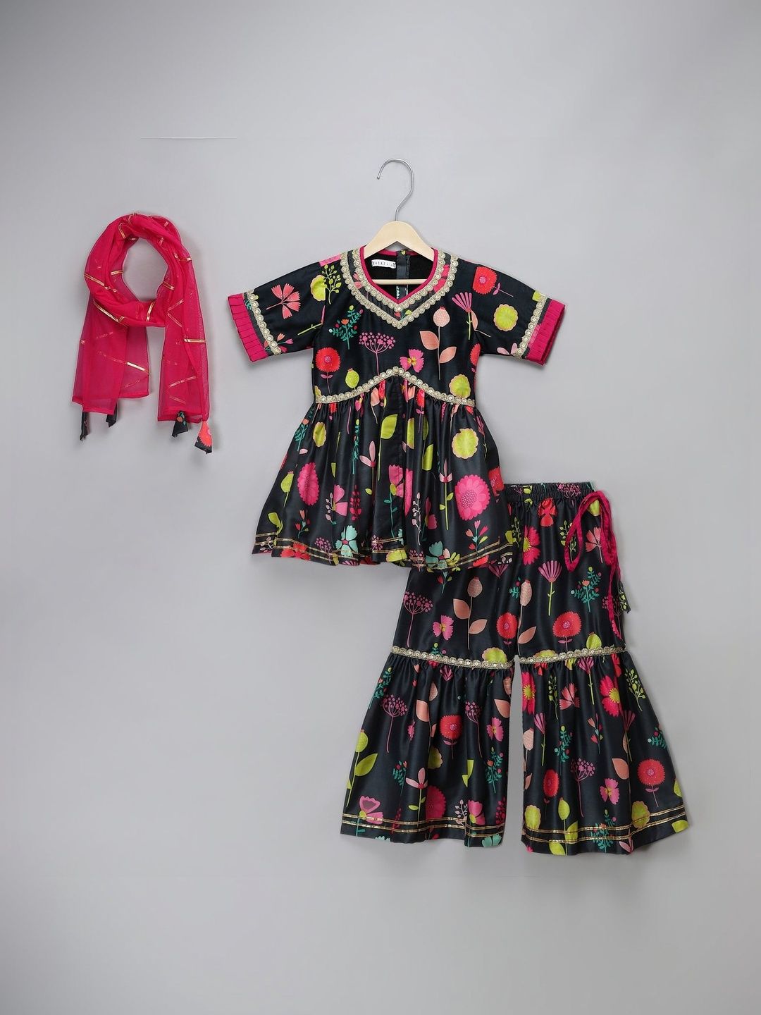 The Little Tales Girls Printed Empire Kurta with Sharara & With Dupatta-image-30