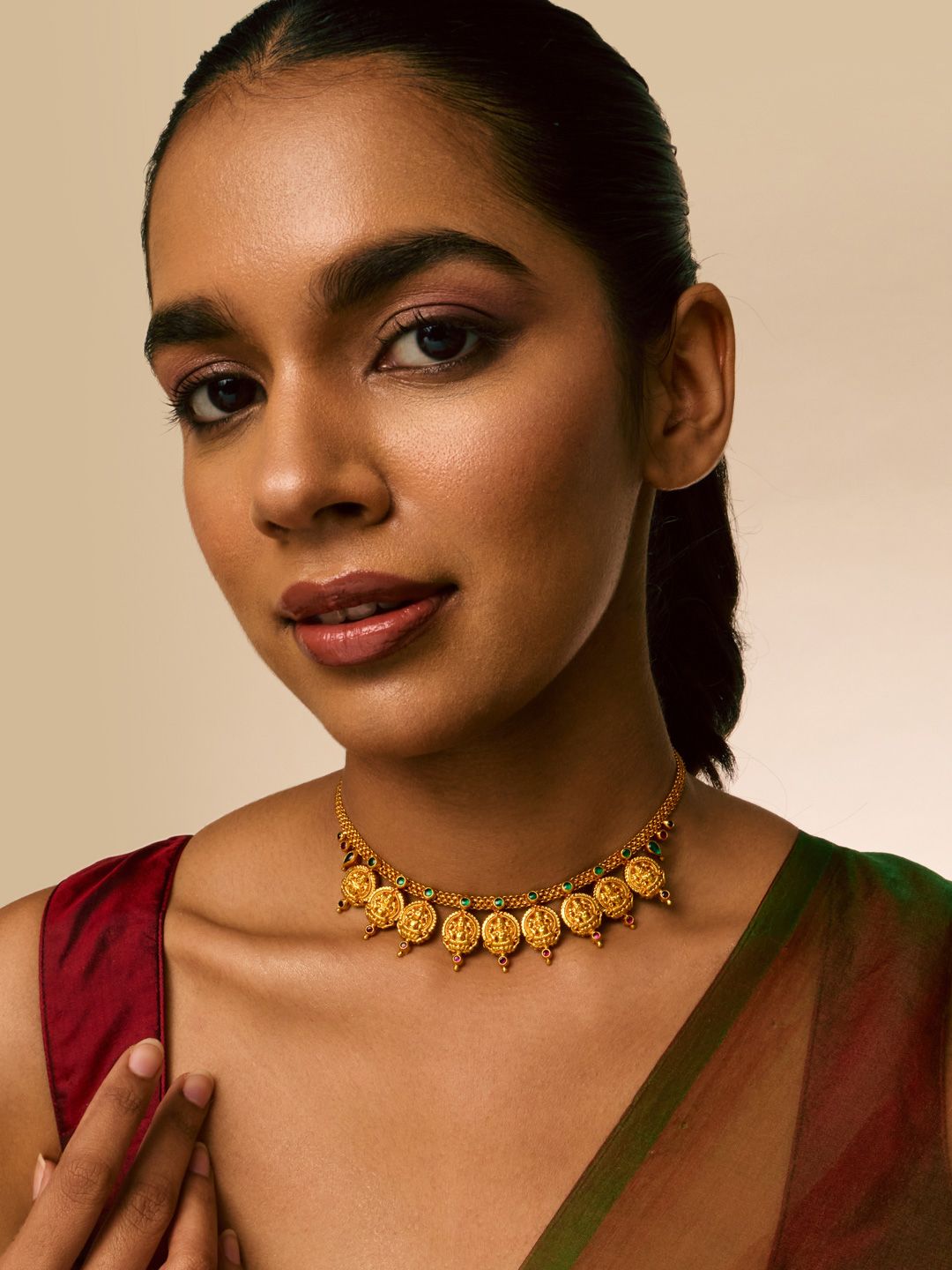 Kushal's Fashion Jewellery Ruby-Green Gold-Plated Ethnic 92.5 Silver Temple Necklace-picture-15