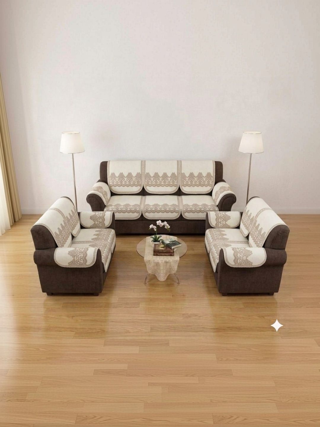 RAINBOW FURNISHINGS Beige & Cream-Coloured Printed Viscose Rayon Blend Sofa Cover With Arms-image-33