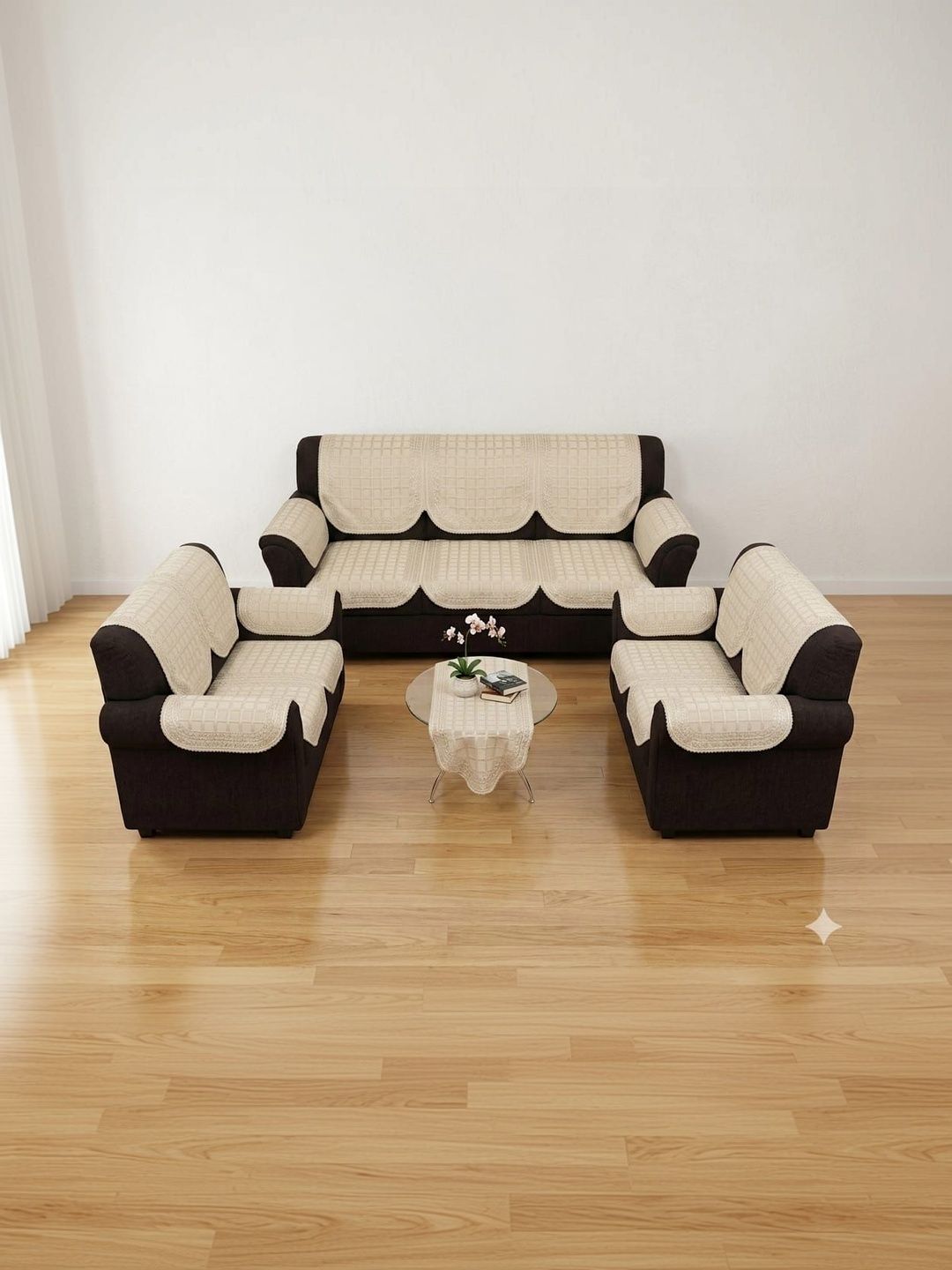 RAINBOW FURNISHINGS Beige Checked Viscose Rayon Blend Sofa Cover With Arms-image-9