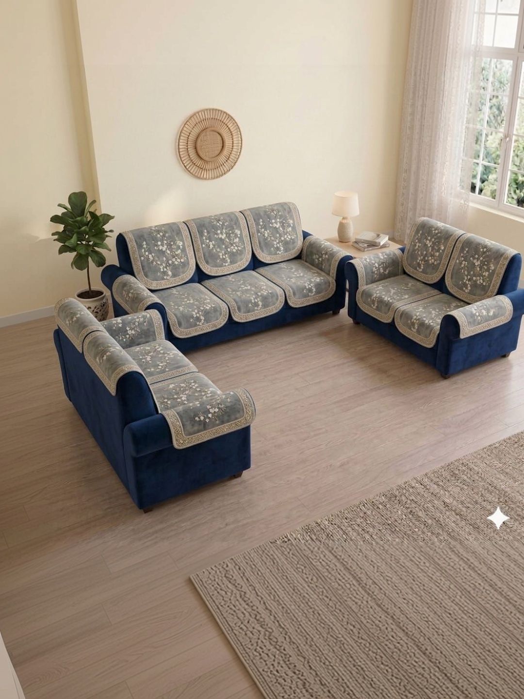 RAINBOW FURNISHINGS Green & Cream-Coloured Printed Viscose Rayon Blend Sofa Cover With Arms-image-42