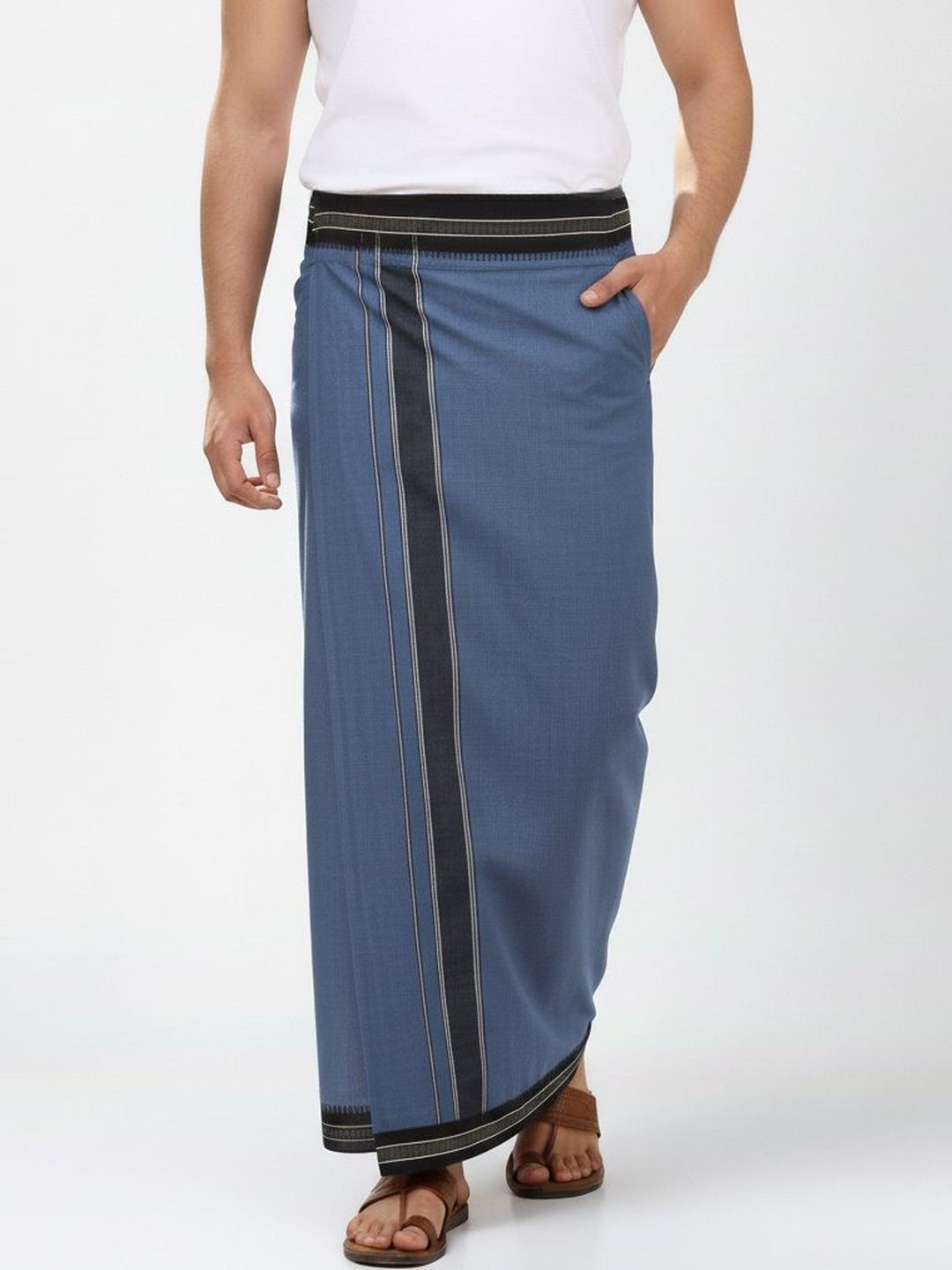 TUNI MANI Men Solid Rudratcha Border Adjustable Welcro Pocket Cotton Dhoti-picture-33