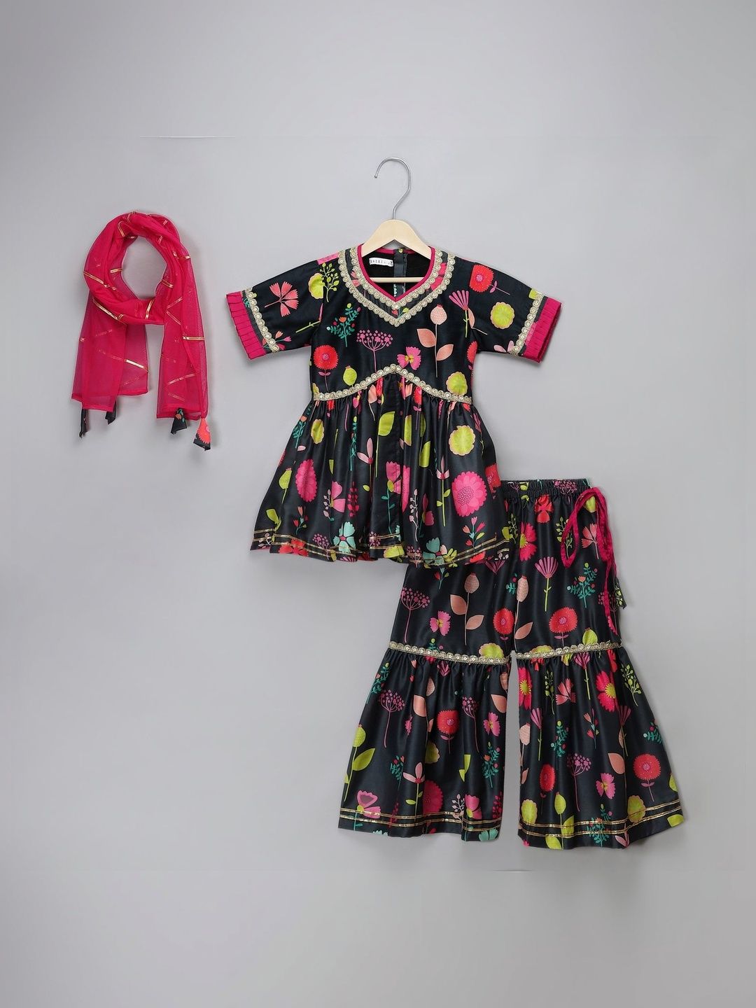 The Little Tales Girls Printed Empire Kurta with Sharara & With Dupatta-image-34
