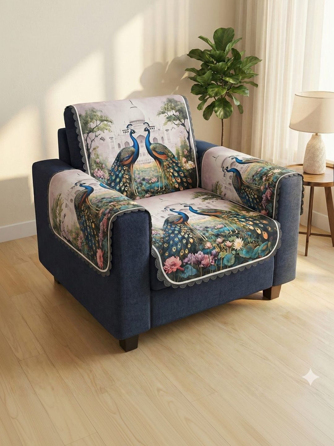 RAINBOW FURNISHINGS Cream-Coloured Printed Viscose Rayon Blend 4 Piece Sofa Cover With Arms-picture-33