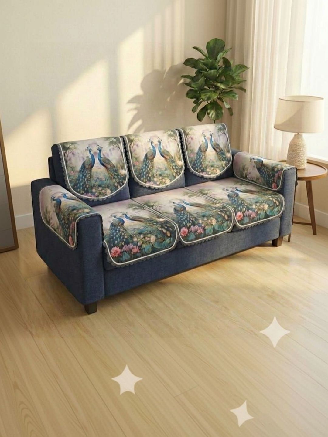 RAINBOW FURNISHINGS Cream-Coloured Printed Viscose Rayon Blend Sofa Cover With Arms-picture-45