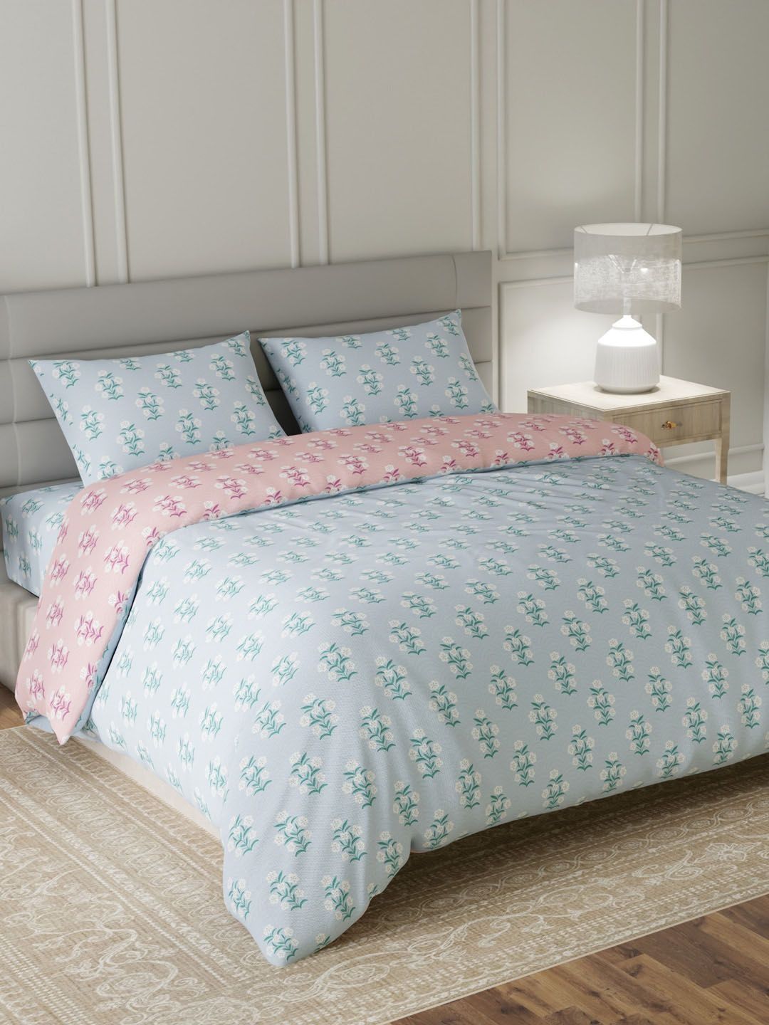 Layers Blue Floral Cotton 4 Piece Double King Regular Bedding Set-picture-34