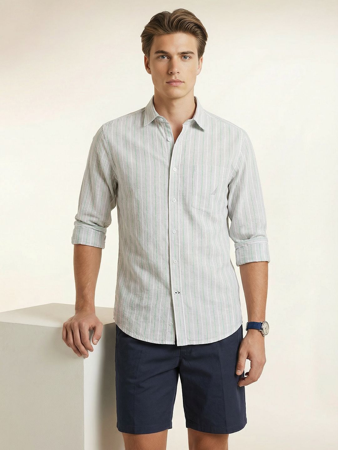 Nautica Slim Fit Striped Cotton Linen Casual Shirt-image-9