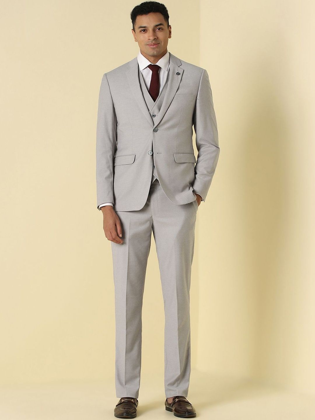 Allen Solly Self Design Notched Lapel Slim Fit 3 Piece Suit-picture-52
