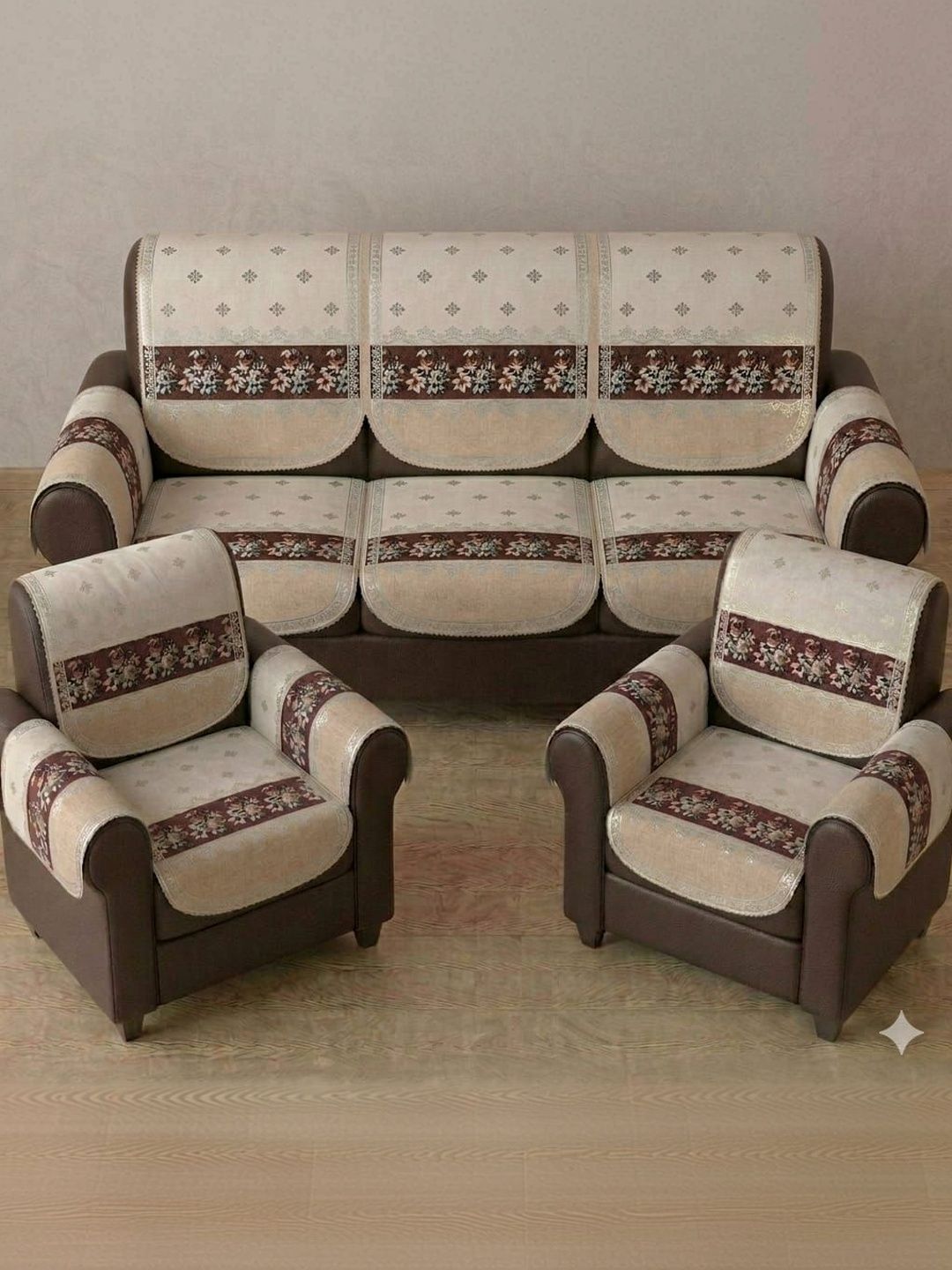 RAINBOW FURNISHINGS Coffee Brown & Cream-Coloured Printed Viscose Rayon Blend Sofa Cover With Arms-picture-31