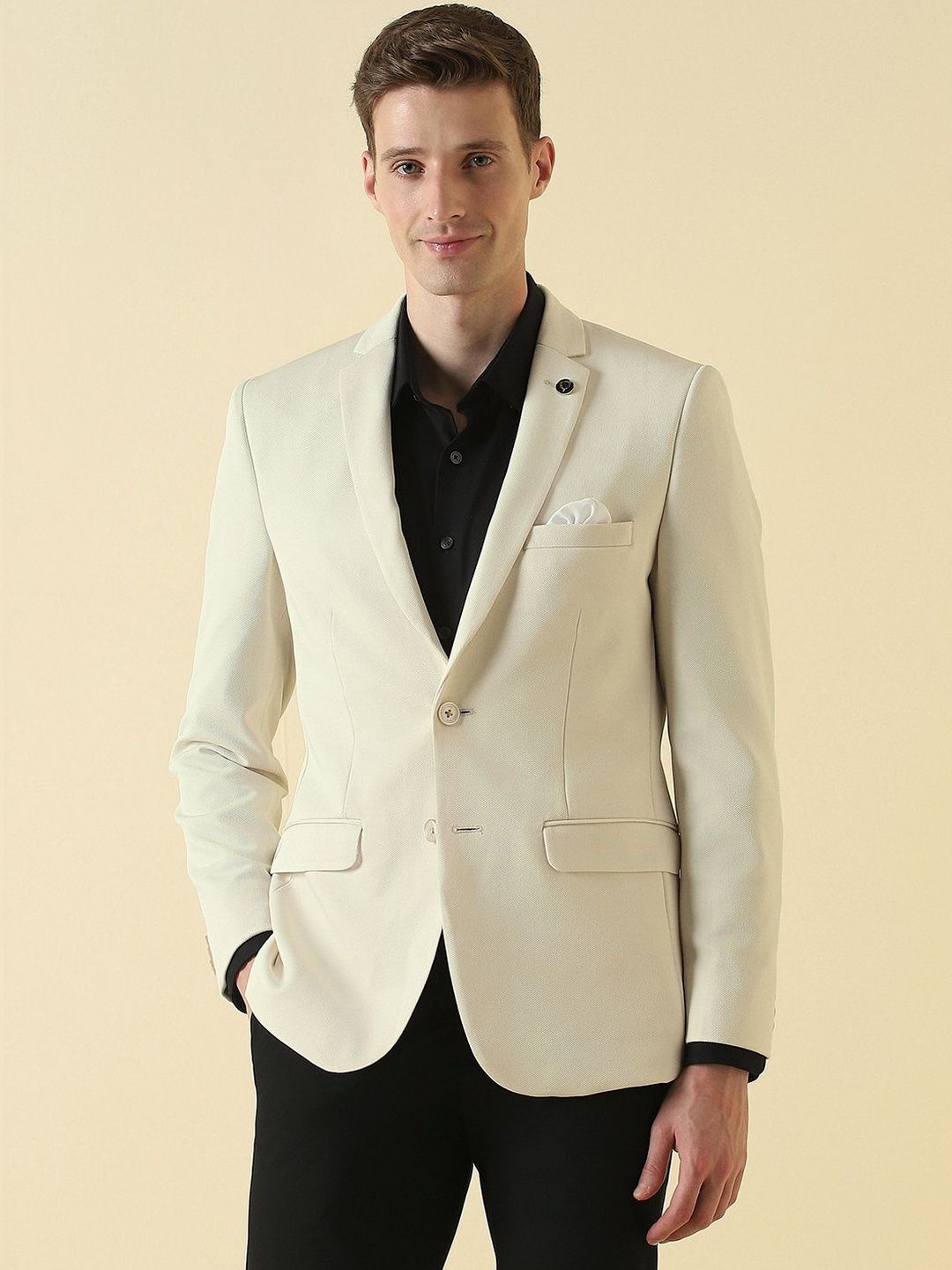 Allen Solly Self Design Notched Lapel Single-Breasted Super Slim Fit Formal Blazer-image-19