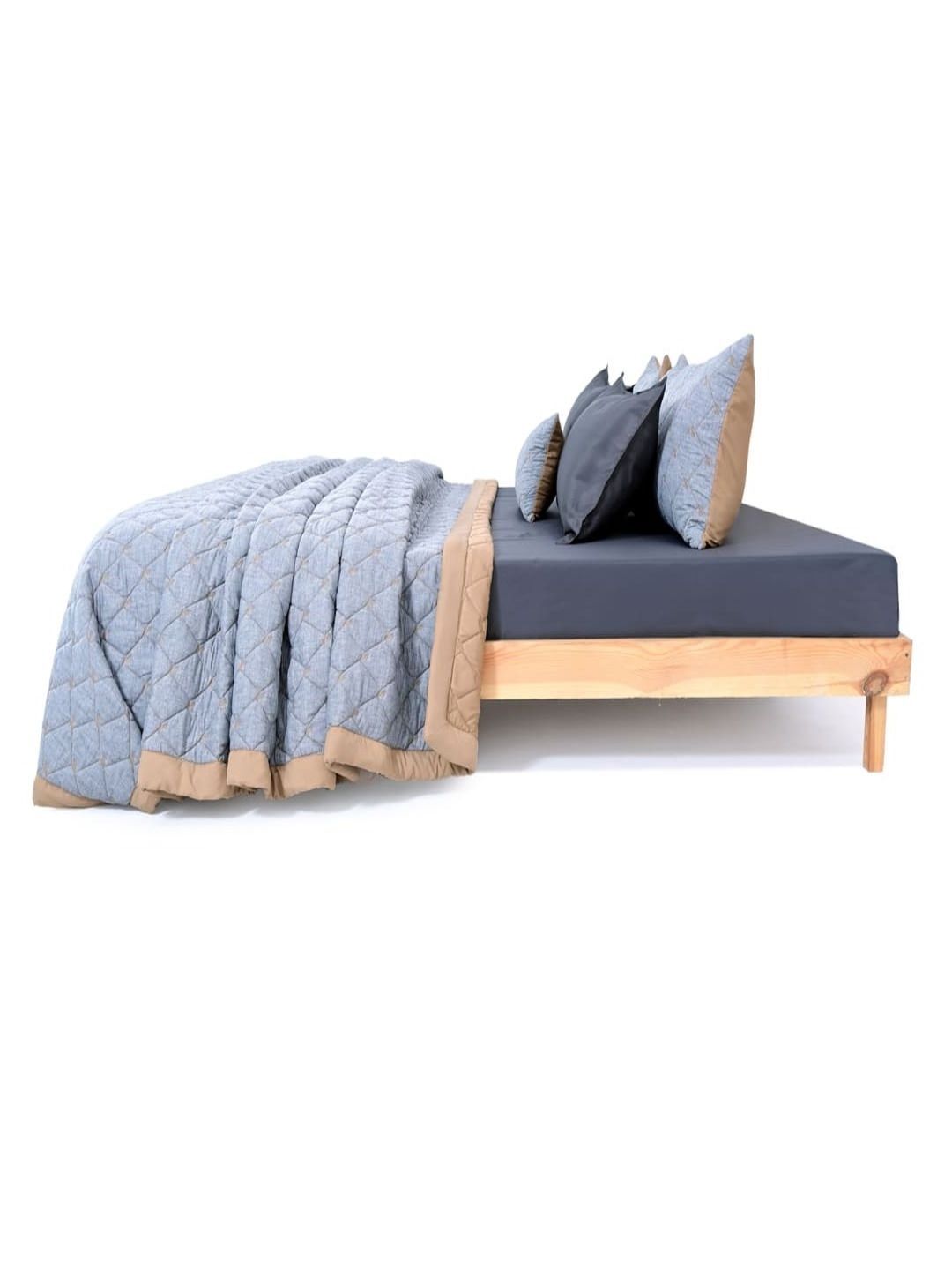 Zarf Blue & Navy Blue Checked Cotton 9 Piece Single Superfine Bedding Set-image-24