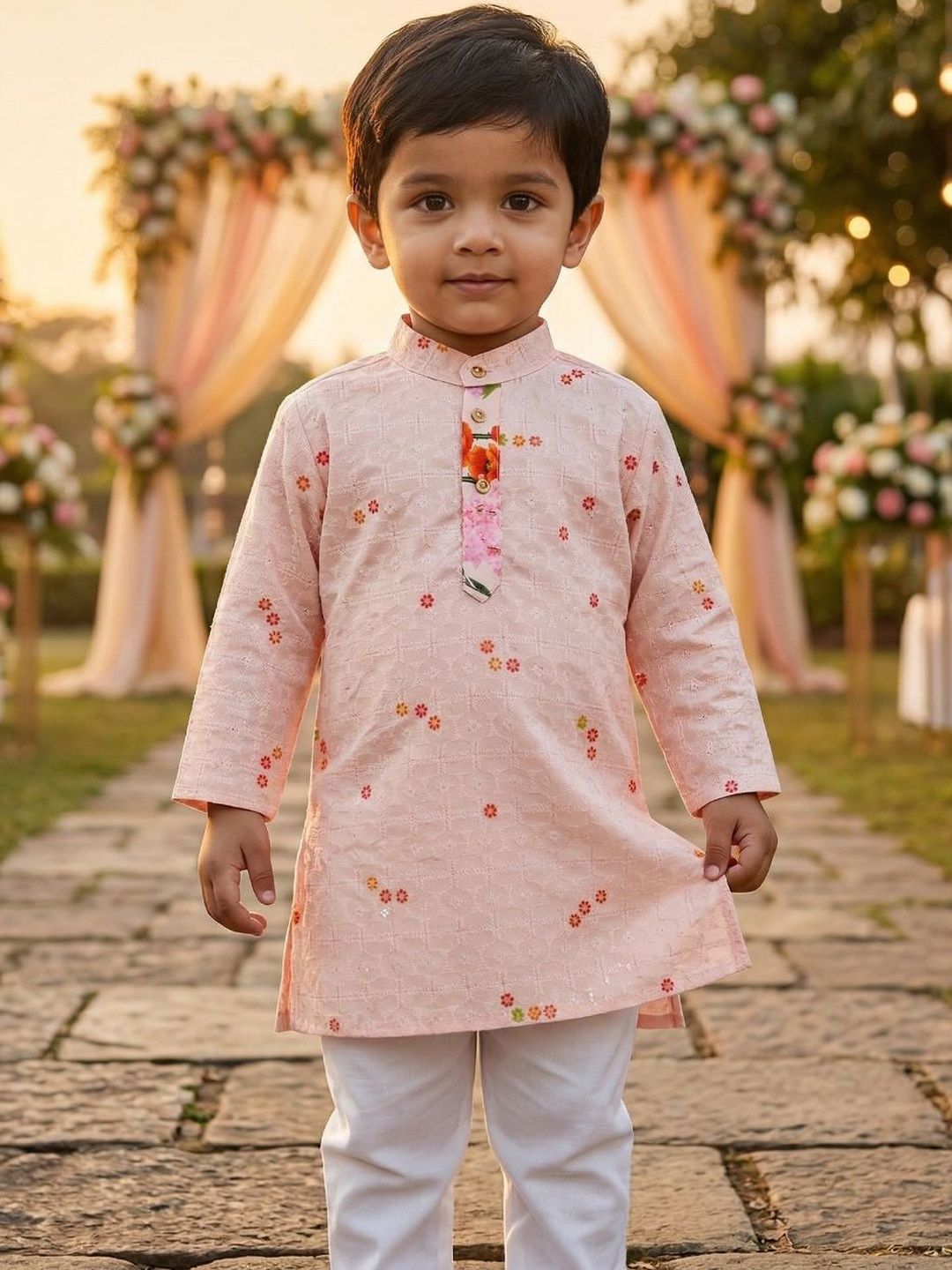 VOZIA Boys Ethnic Motifs Embroidered Regular Chikankari Pure Cotton Kurta with Pyjamas-picture-22