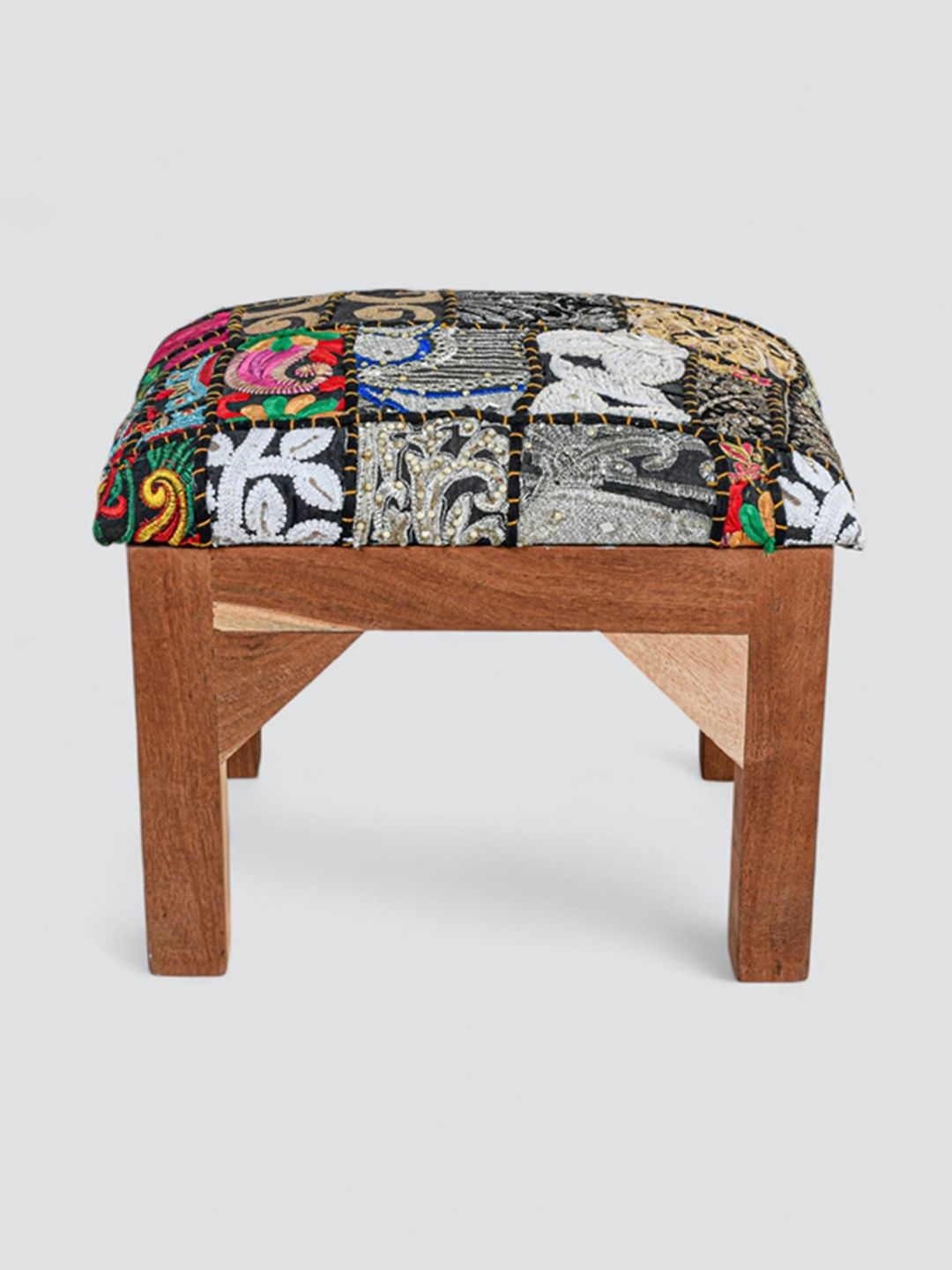 ASHEVILLE Brown & Black Wooden Low-Seating Stool With Patchwork Design-picture-47