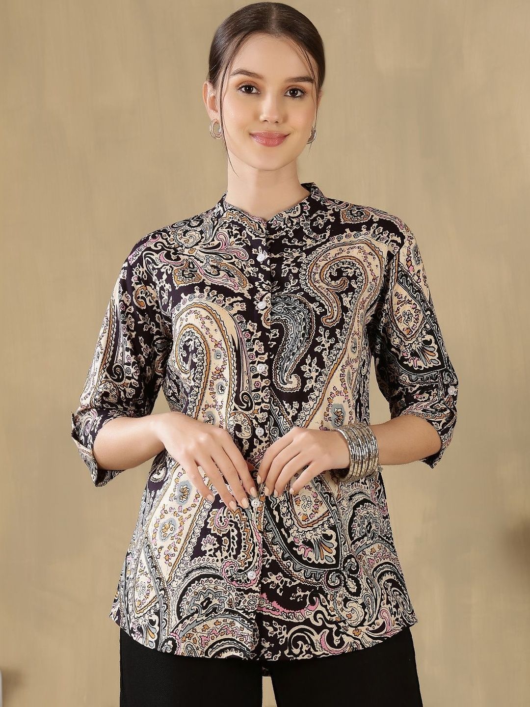 Kalphem Print Mandarin Collar Roll-Up Sleeves Ethnic Top-picture-48