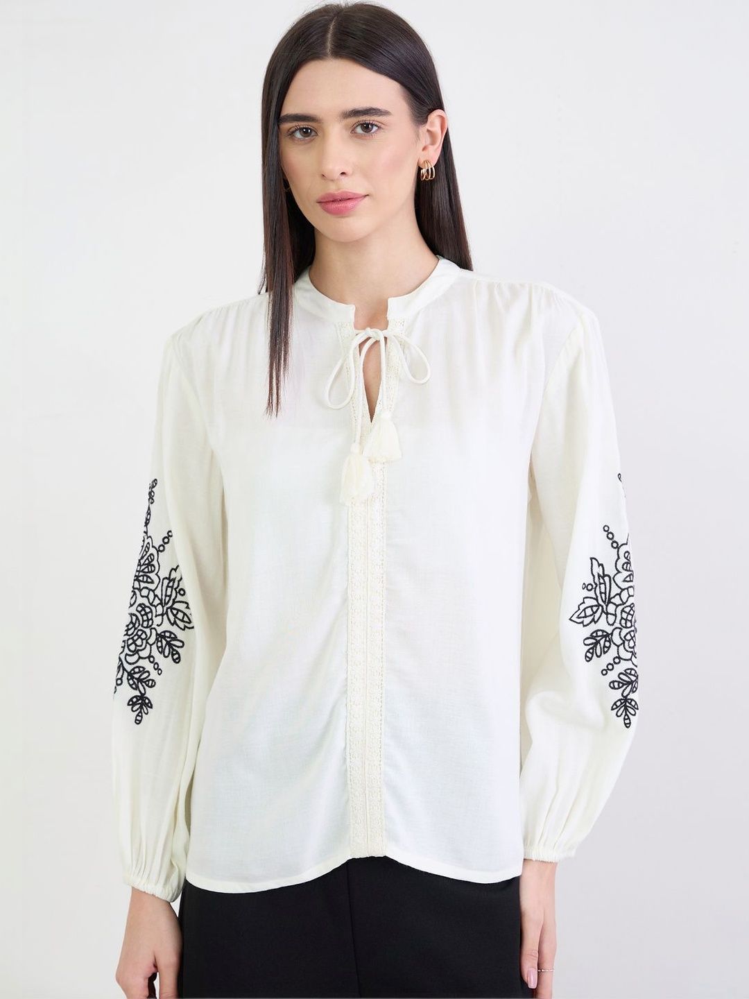 Styli Women Off White Embroidered Tie-Up Long Sleeves Regular Fit Top-picture-10