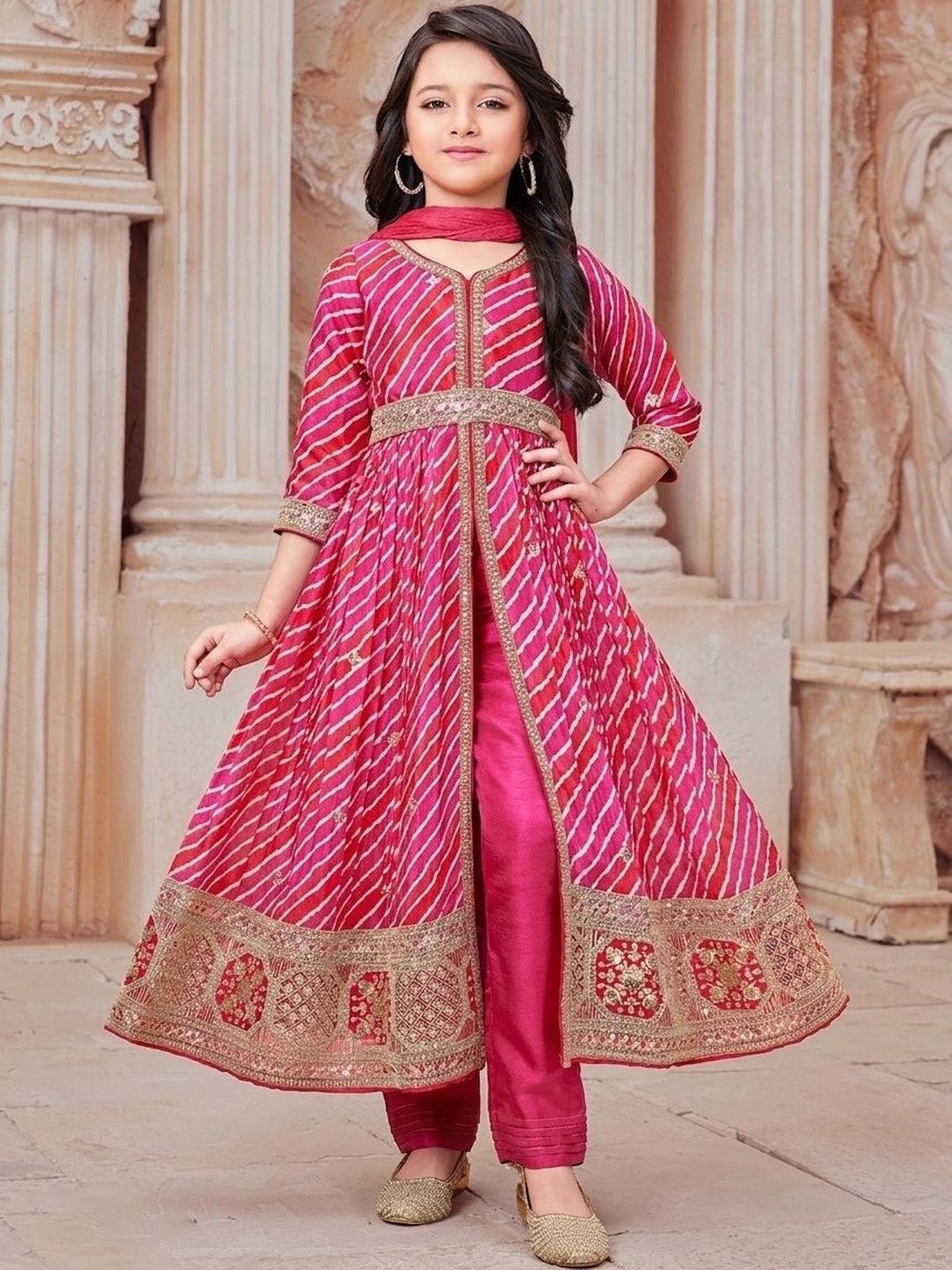 Wommaniya Impex Girls Leheriya Printed Angrakha Thread Work Kurti with Salwar & With Dupatta-picture-57