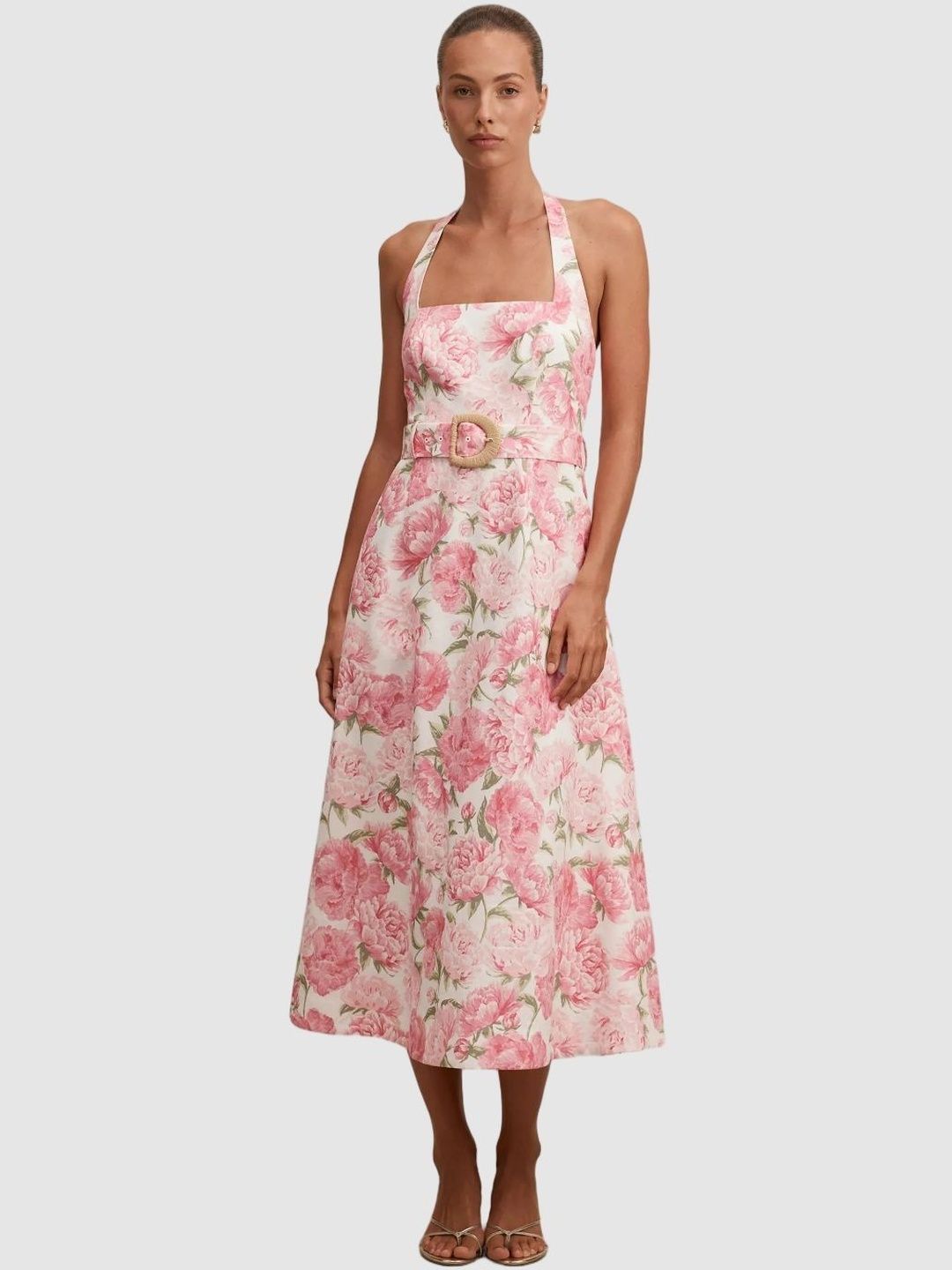 Forever New Floral Print Halter Neck Linen A-Line Midi Dress-picture-44