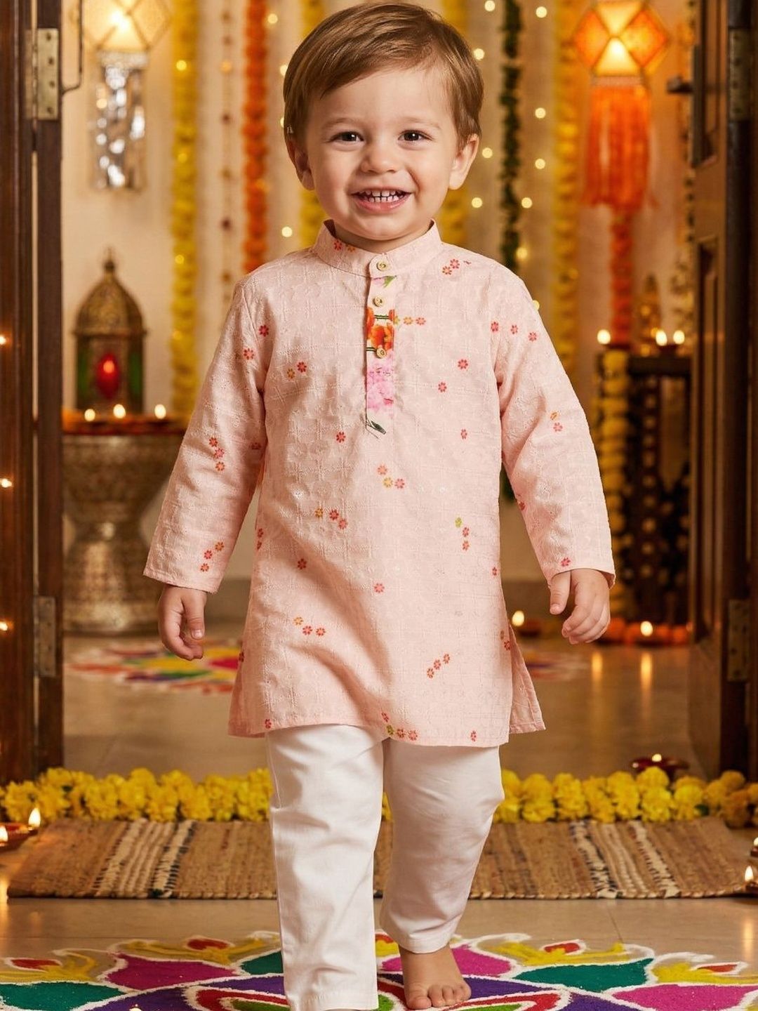 DUFFLE DOG Boys Ethnic Motifs Embroidered Regular Chikankari Pure Cotton Kurta with Pyjamas-image-33