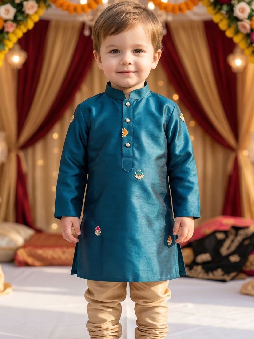 DUFFLE DOG Boys Ethnic Motifs Embroidered Regular Chikankari Pure Cotton Kurta with Pyjamas-picture-30