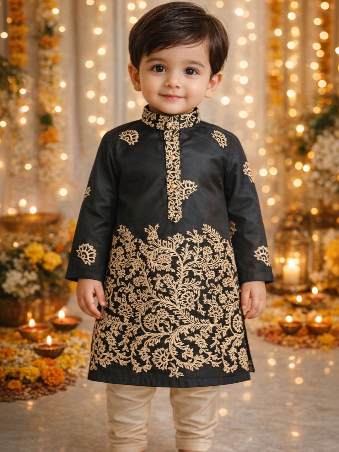 VOZIA Boys Ethnic Motifs Embroidered Regular Chikankari Pure Cotton Kurta with Pyjamas-image-34