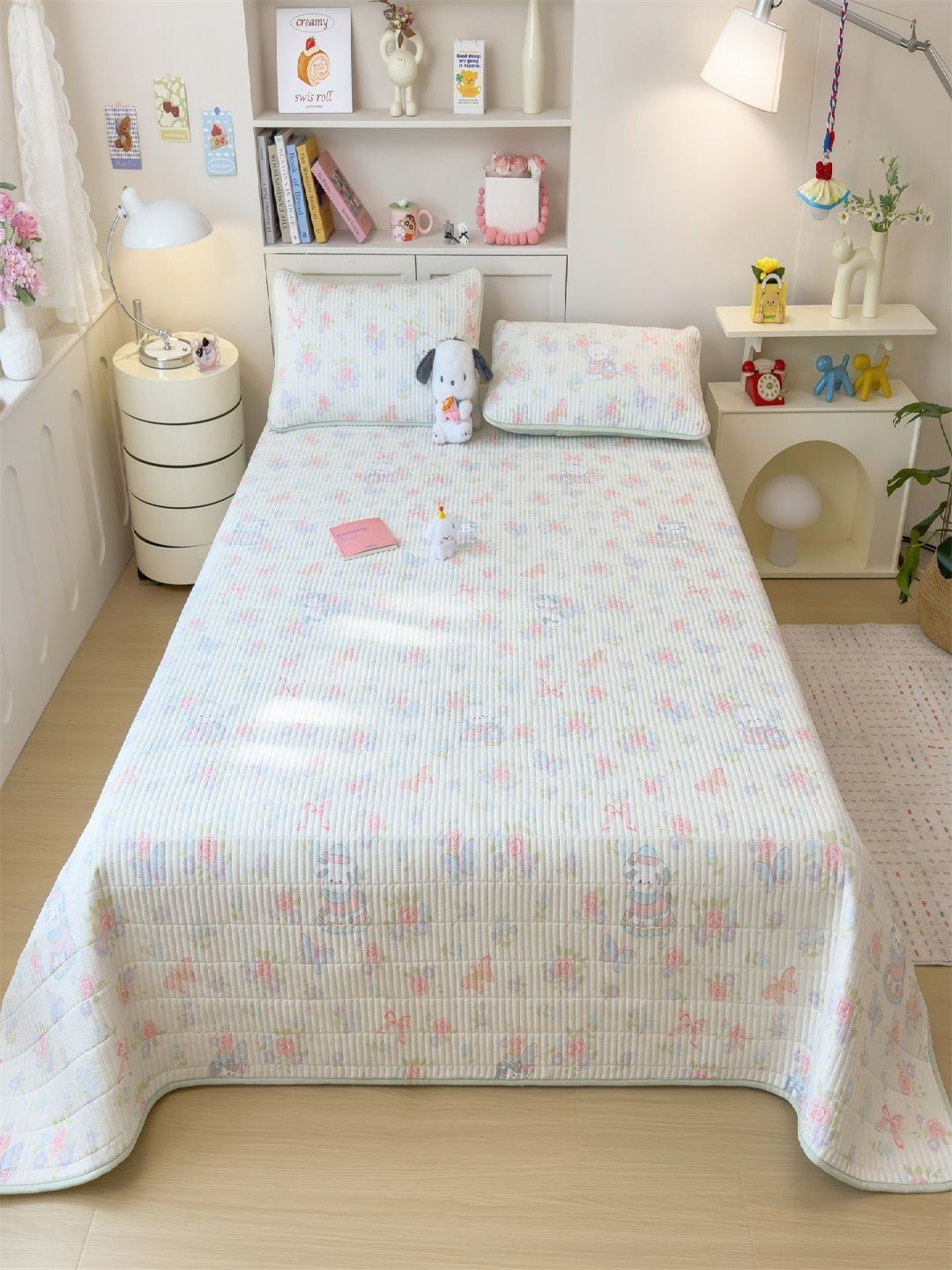 JC HOME White & Pink 140 TC Single Bedcover With 2 Pillow Covers-image-49