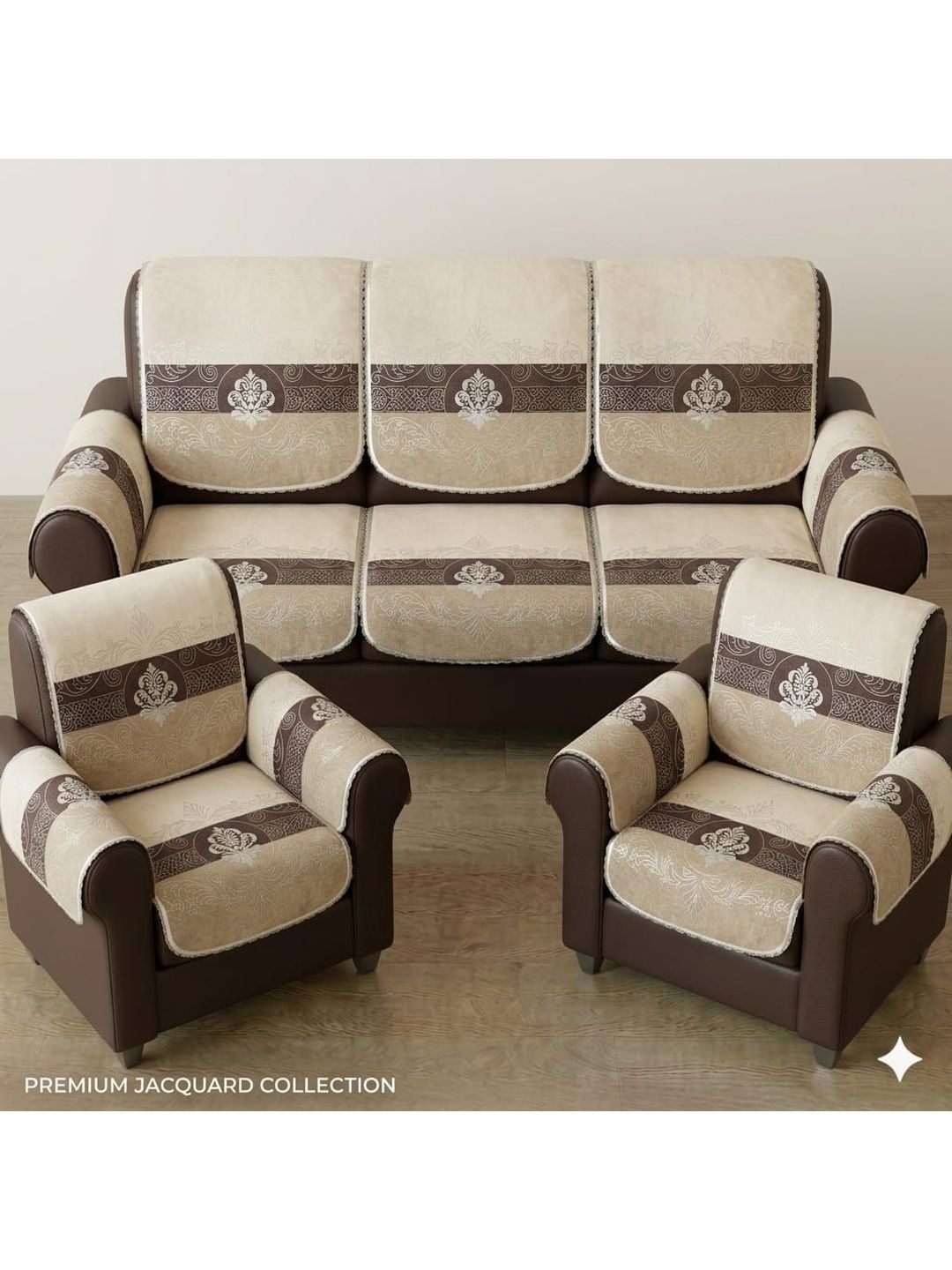 RAINBOW FURNISHINGS Coffee Brown & Cream-Coloured Printed Sofa Cover With Arms-picture-35