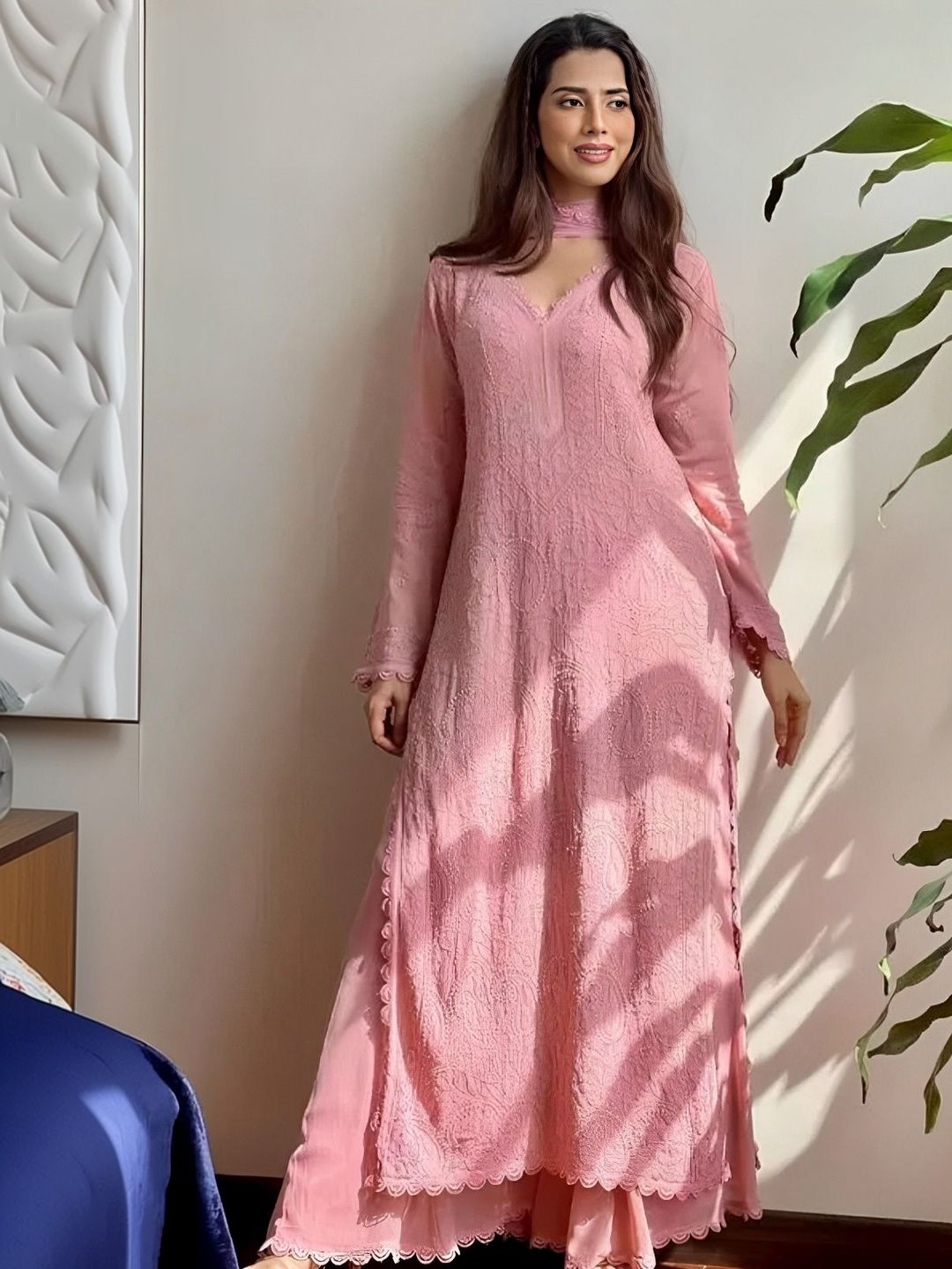 Moda Rapido Women Floral Embroidered Regular Silk Georgette Kurta with Palazzos & With Dupatta-picture-13