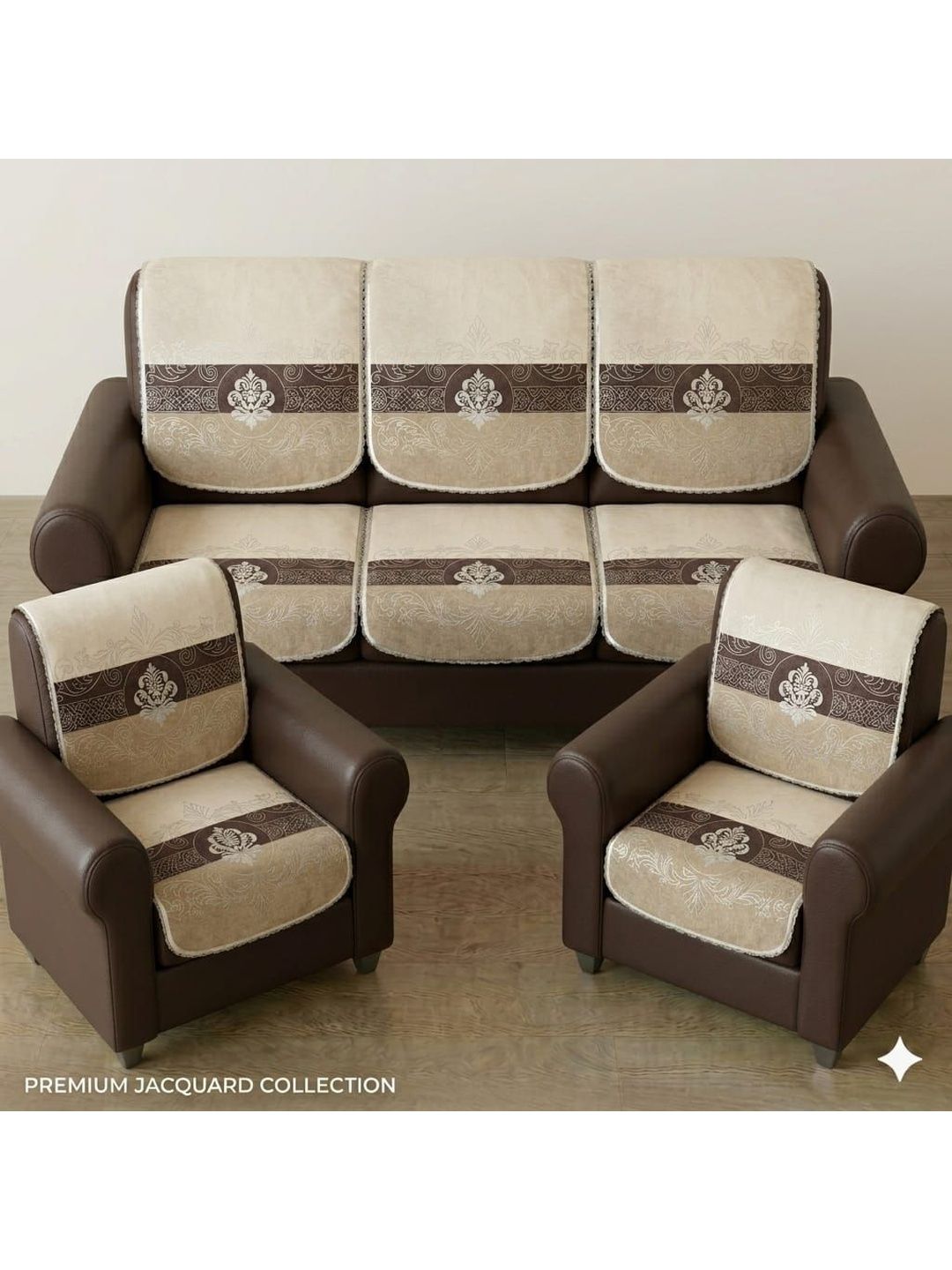 RAINBOW FURNISHINGS Coffee Brown & Cream-Coloured Printed Sofa Cover Without Arms-picture-13
