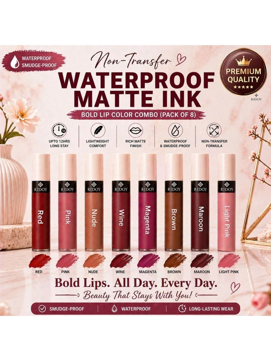 ridoy Set Of 8 Waterproof Liquid Matte Lipstick-3 ml Each - Light Pink-Maroon-Brown-Magent-picture-44