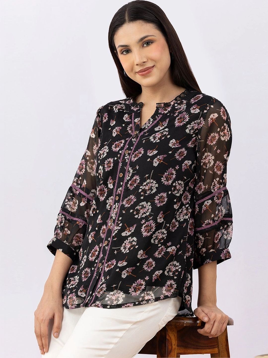 Mustard Floral Print Mandarin Collar Ruffles Chiffon Top-picture-30