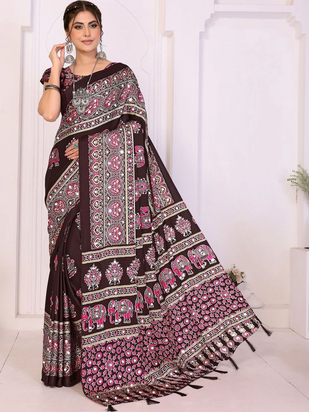 ANIRAV Ethnic Motifs Mirror Work Satin Heavy Work Saree-image-23