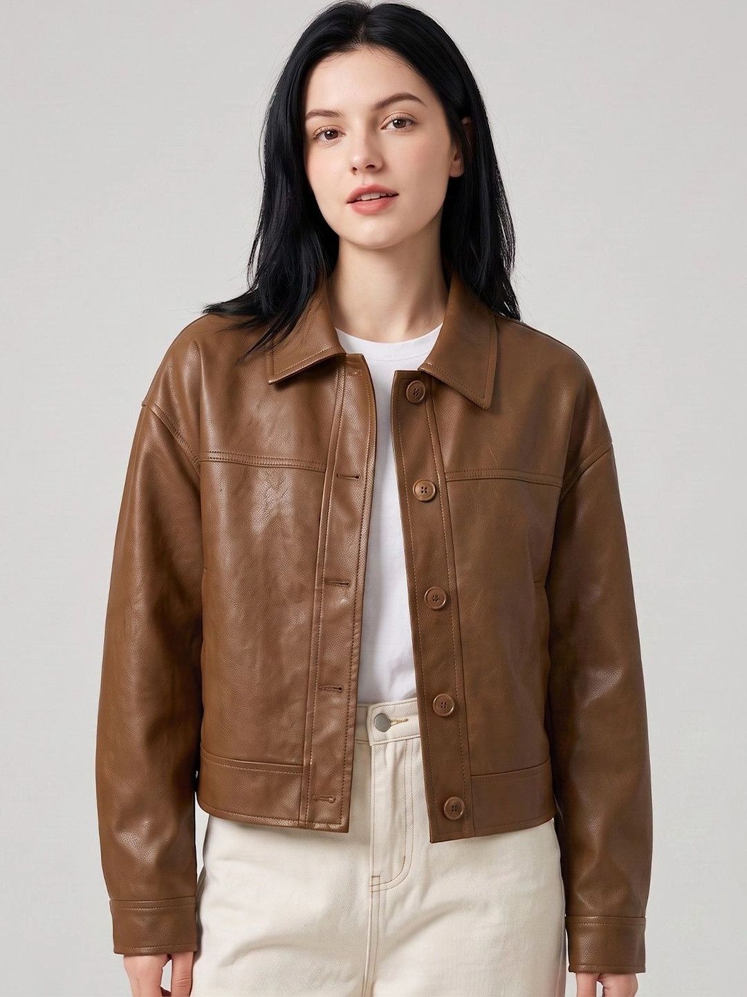 Suo Women Spread Collar Leather Jacket-picture-24