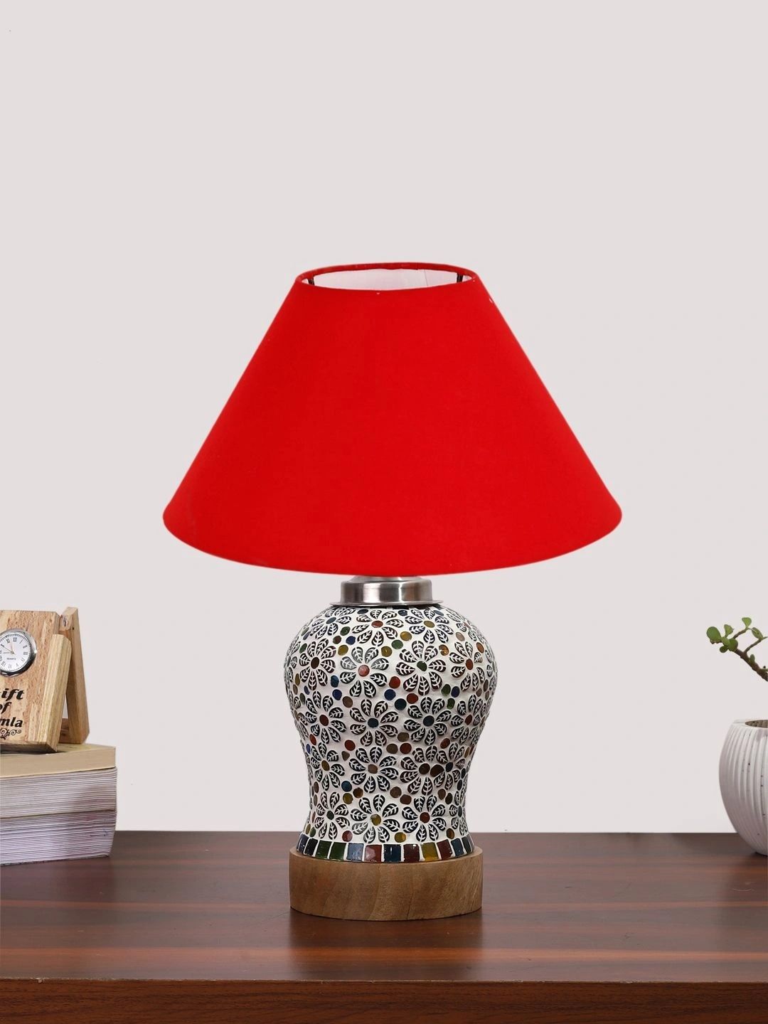 Myntra Elegant Homes Red Textured Glass Traditional Bell Shaped Table Lamp-picture-20