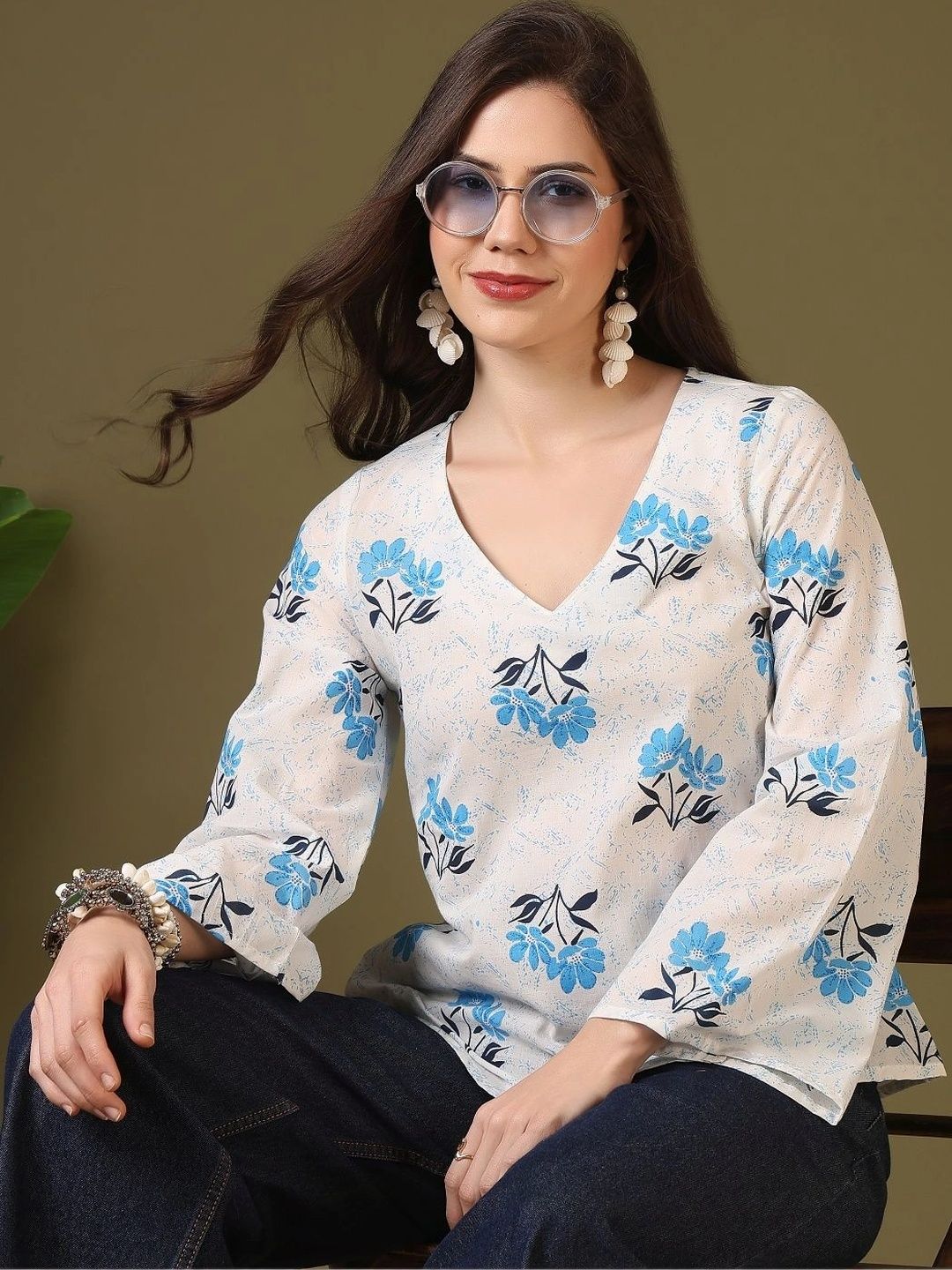 KALINI Floral Print Bell Sleeve Cotton Top-picture-40