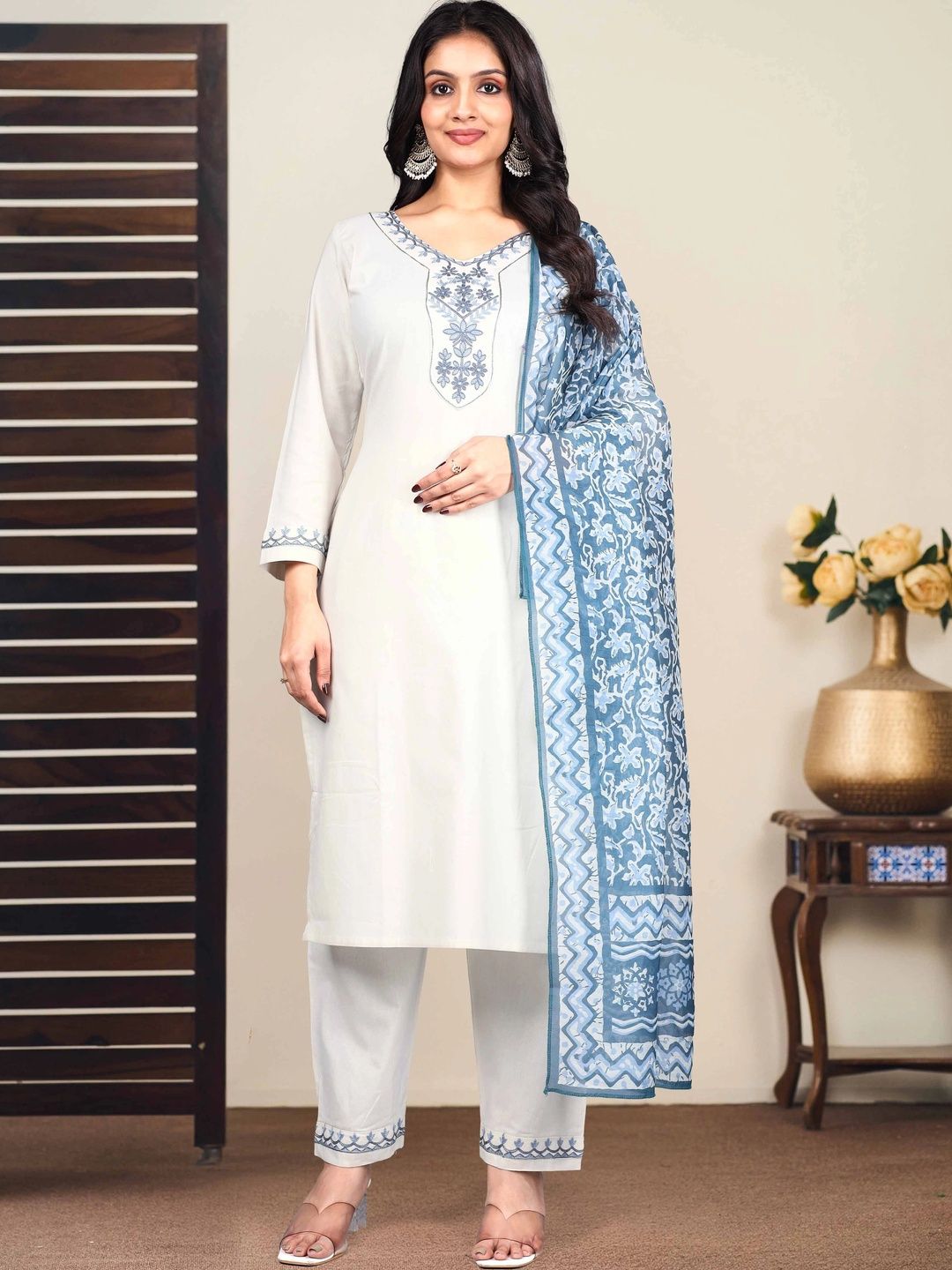 NARI DREAM Women Ethnic Motifs Embroidered Regular Thread Work Pure Cotton Kurta with Trousers & With Dupatta-picture-39