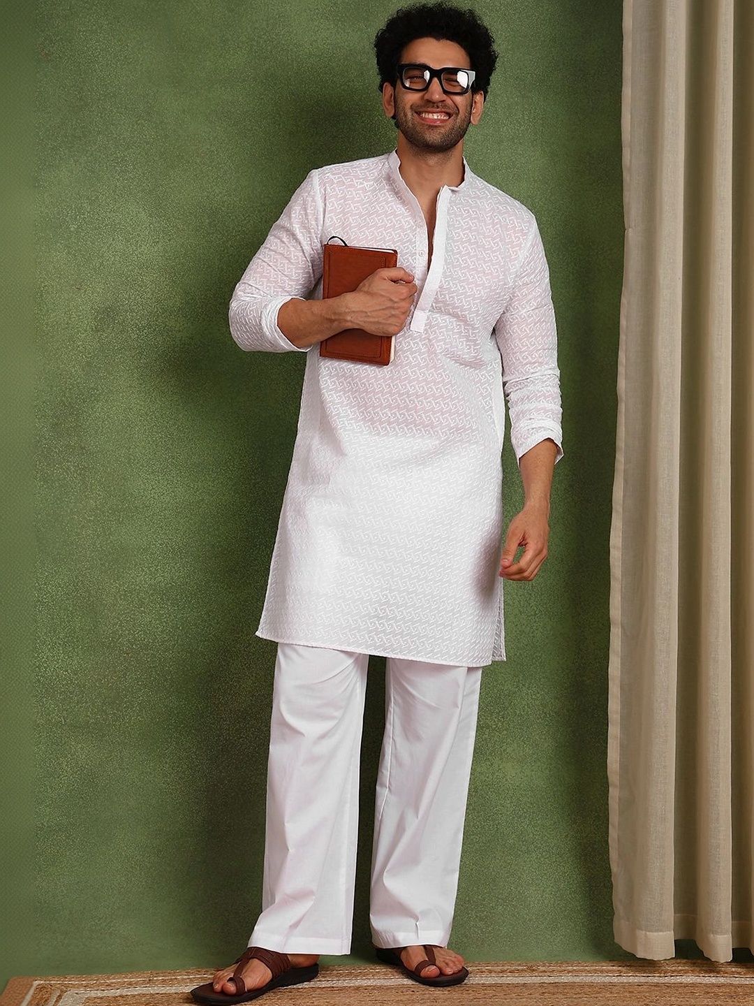 See Designs Men Ethnic Motifs Regular Chikankari Pure Cotton Kurta with Trousers-picture-19