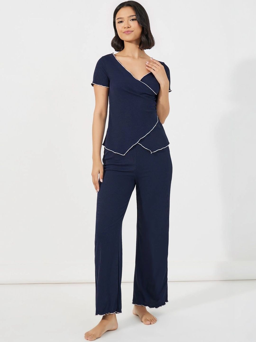 Styli Women Navy Blue Solid V-Neck Short Sleeves Wrap Top & Pyjamas Night Suit-picture-36