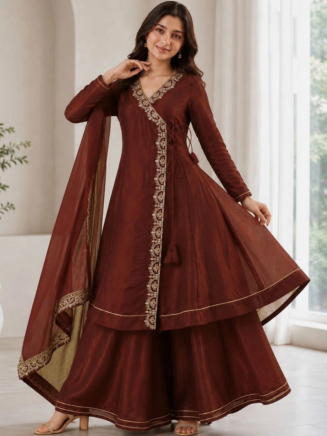 CurlyTales Girls Ethnic Motifs Embroidered Angrakha Thread Work Pure Silk Kurta with Sharara & With Dupatta-picture-36