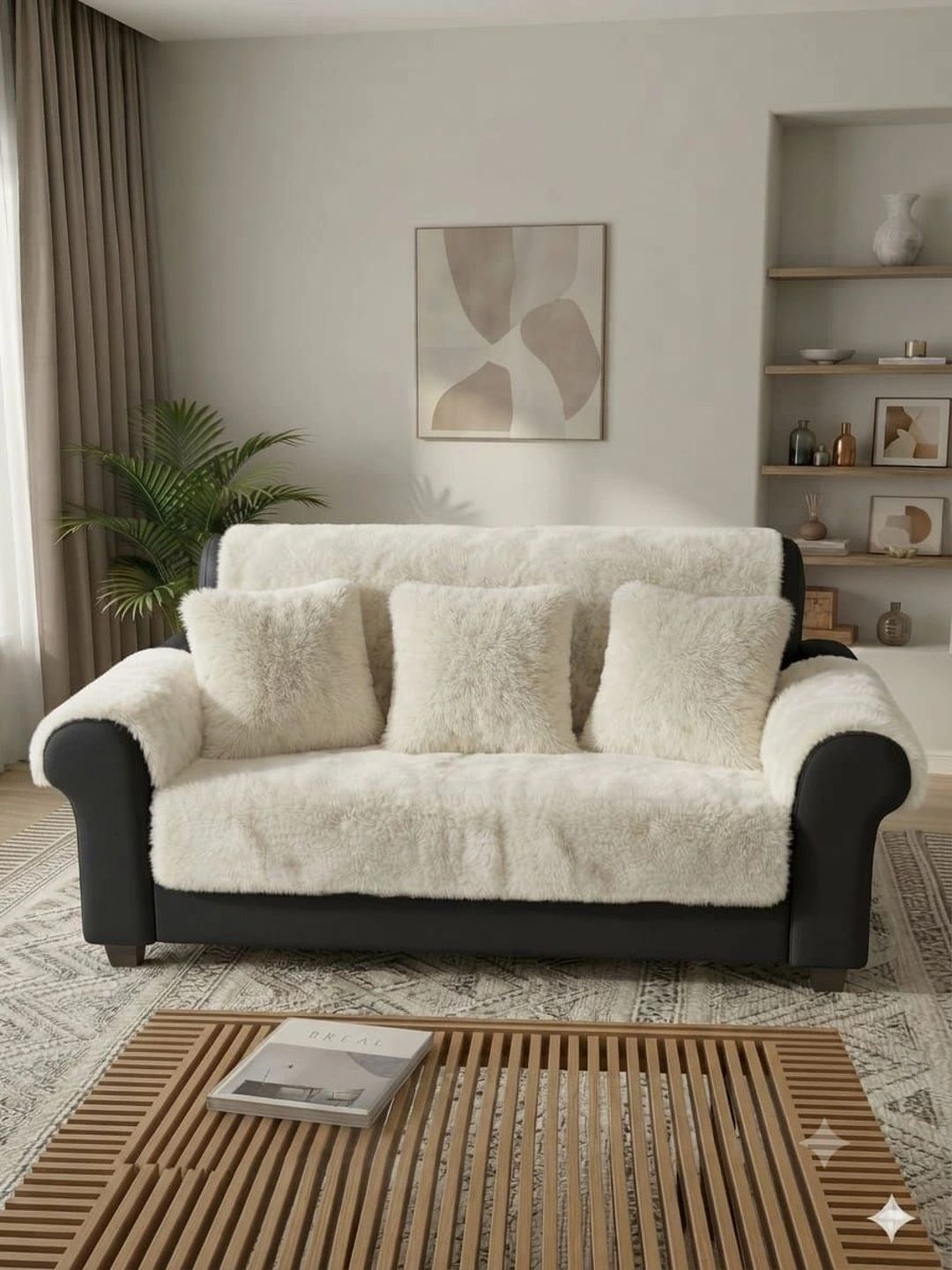 KANUM Cream-Coloured Viscose Rayon Blend Sofa Cover With Arms-image-36
