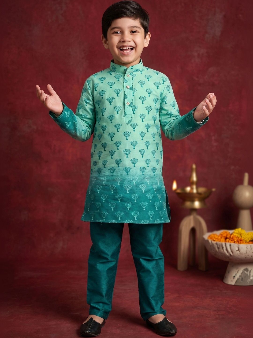 BAESD Boys Ethnic Motifs Printed Regular Dupion Silk Kurta with Trousers-picture-37