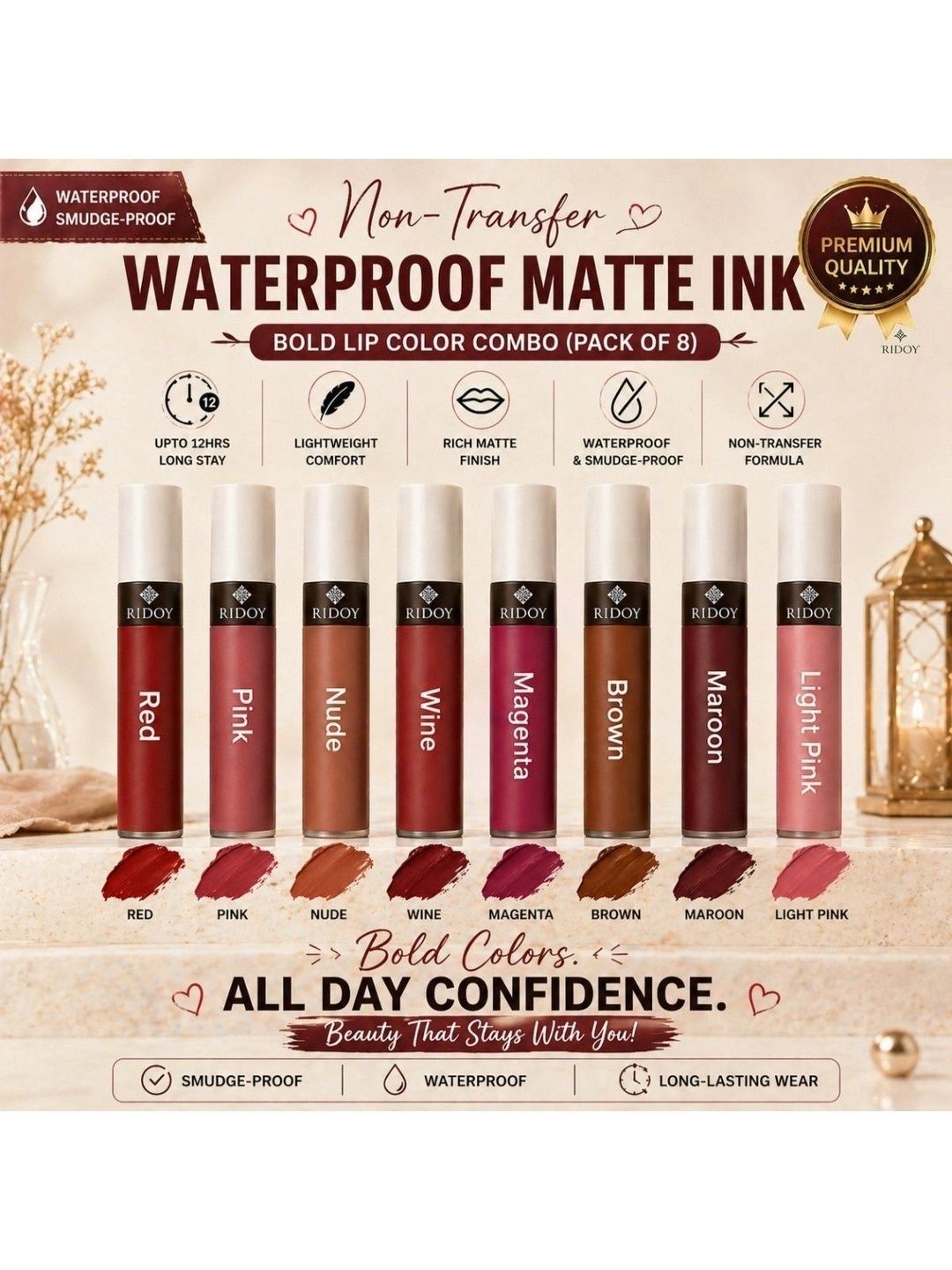 ridoy Set Of 8 Waterproof Liquid Matte Lipstick-3 ml Each - Light Pink-Maroon-Brown-Magent-picture-58