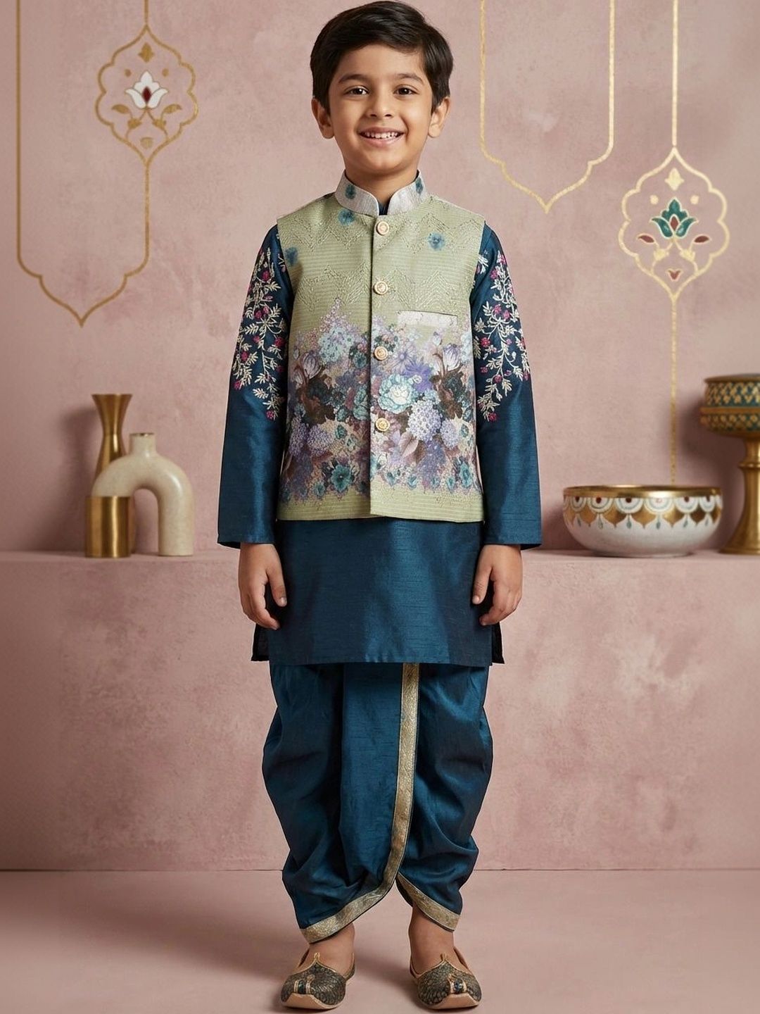 TAKE STYLE Boys Floral Regular Dupion Silk Kurta with Dhoti Pants-picture-43