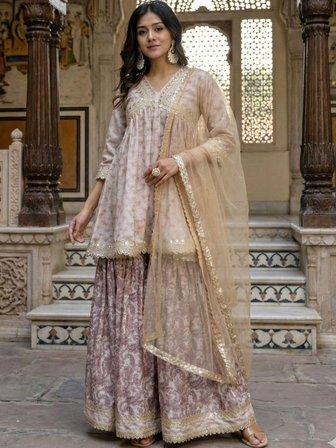 ftDiva Women Ethnic Motifs Printed Empire Gotta Patti Kurta with Sharara & With Dupatta-picture-4