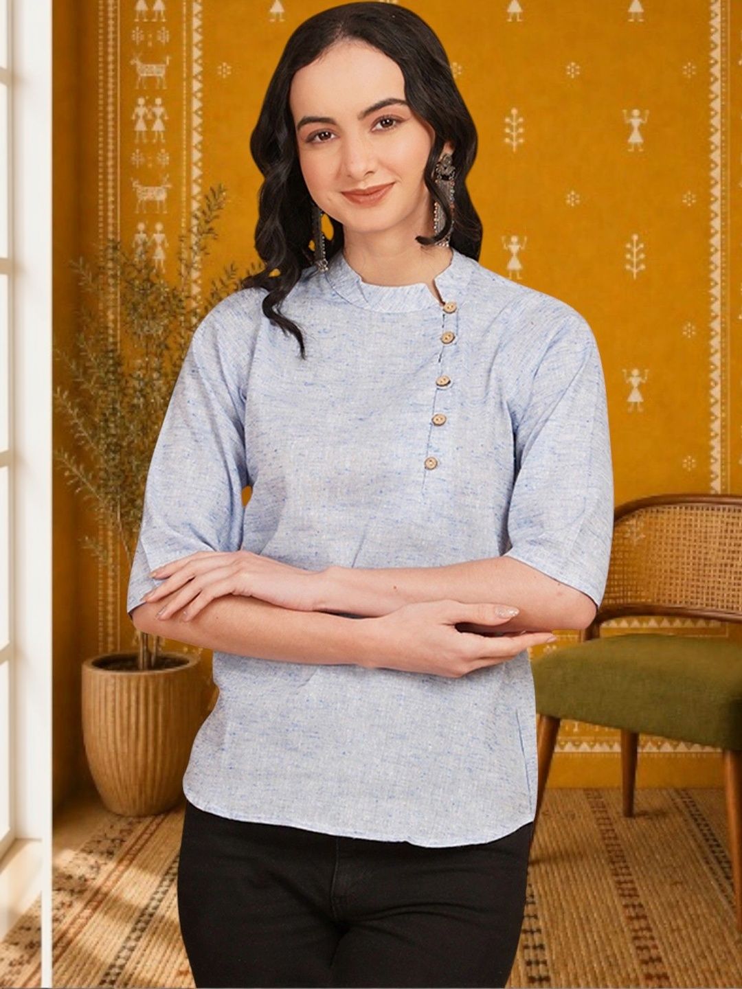 KALINI Mandarin Collar Cotton Blend Top-picture-51