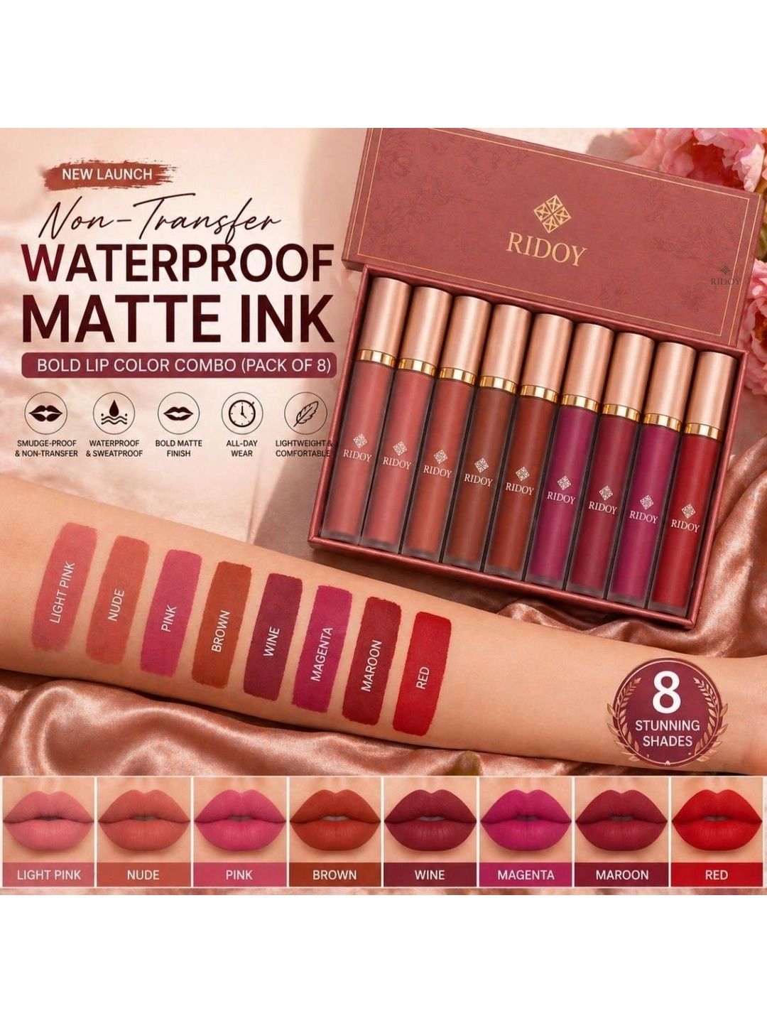 ridoy Set Of 8 Waterproof Liquid Matte Lipstick-3 ml Each - Light Pink-Maroon-Brown-Magent-picture-25