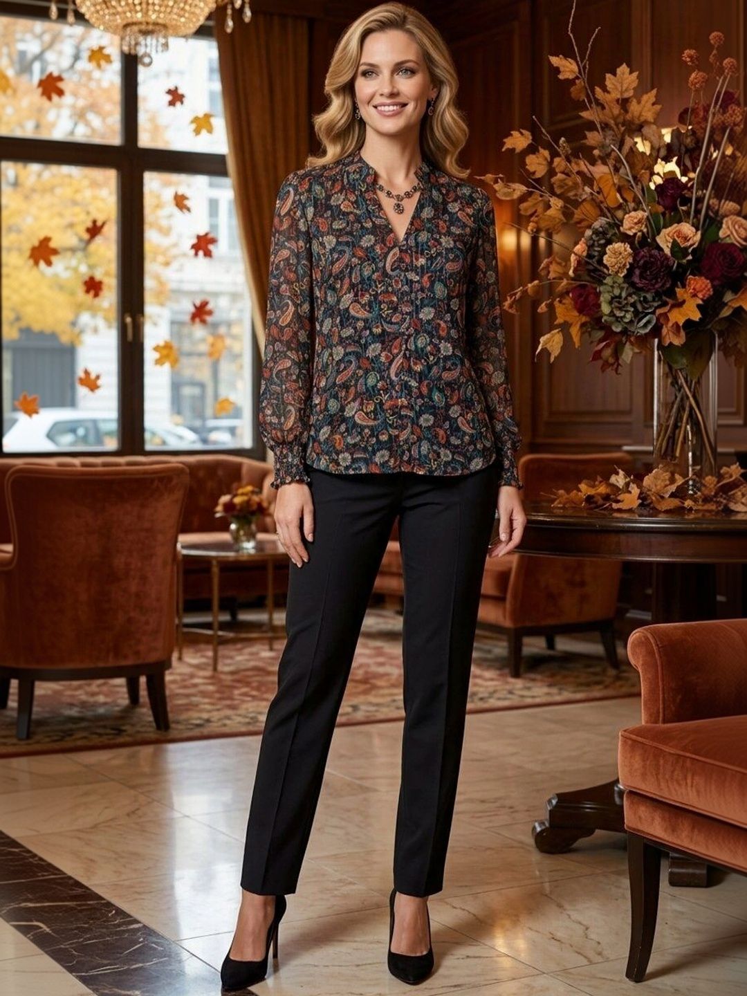 VELDRESS Women Printed V-Neck Long Sleeves Bohemian Top-picture-25